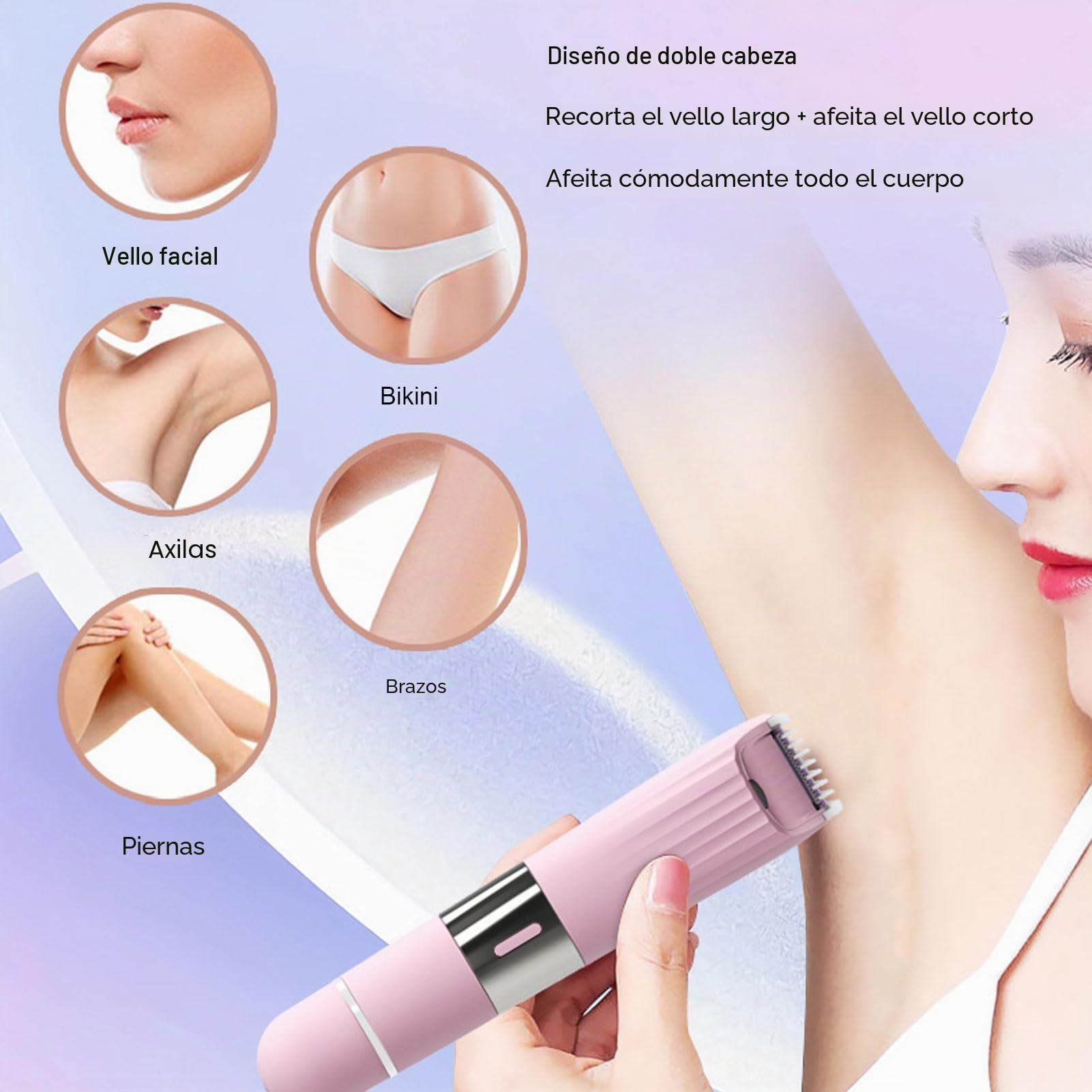 Depilador Eléctrico Corporal 2 en 1 para Mujer, Cabezal Doble para Rostro, Labios, Barbilla, Zona Íntima, Axilas y Piernas, Suave para Piel Sensible, Compacto y Seguro para Viajes