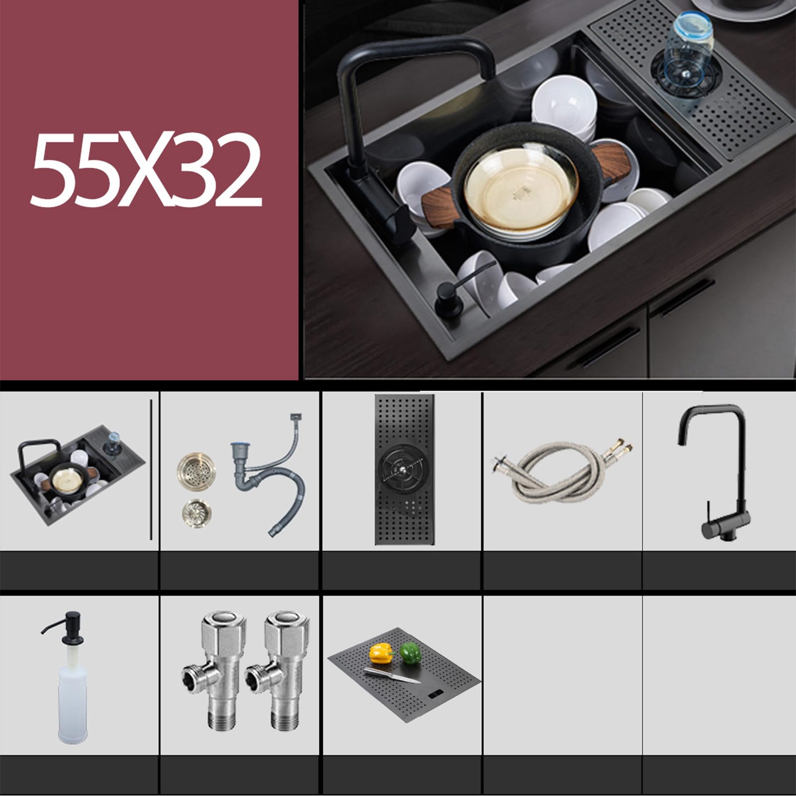 Évier De Bar Avec Rinceur De Verre, Évier De Cuisine De Préparation Encastré En Acier Inoxydable, Bol Simple De 21,7 Pouces, Avec Robinet Pliable, Distributeur De Savon
