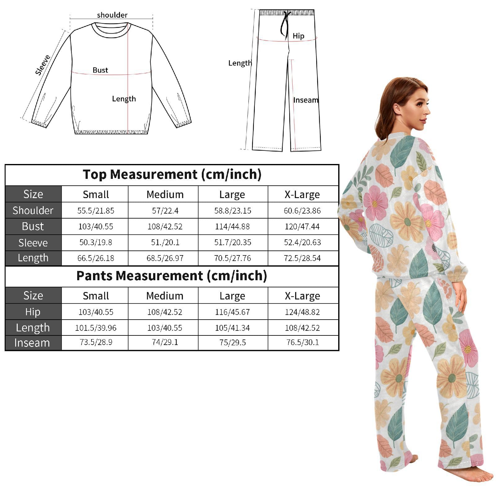 Set pigiama da donna in pile colorato con fiori retrò e pantaloni a maniche lunghe