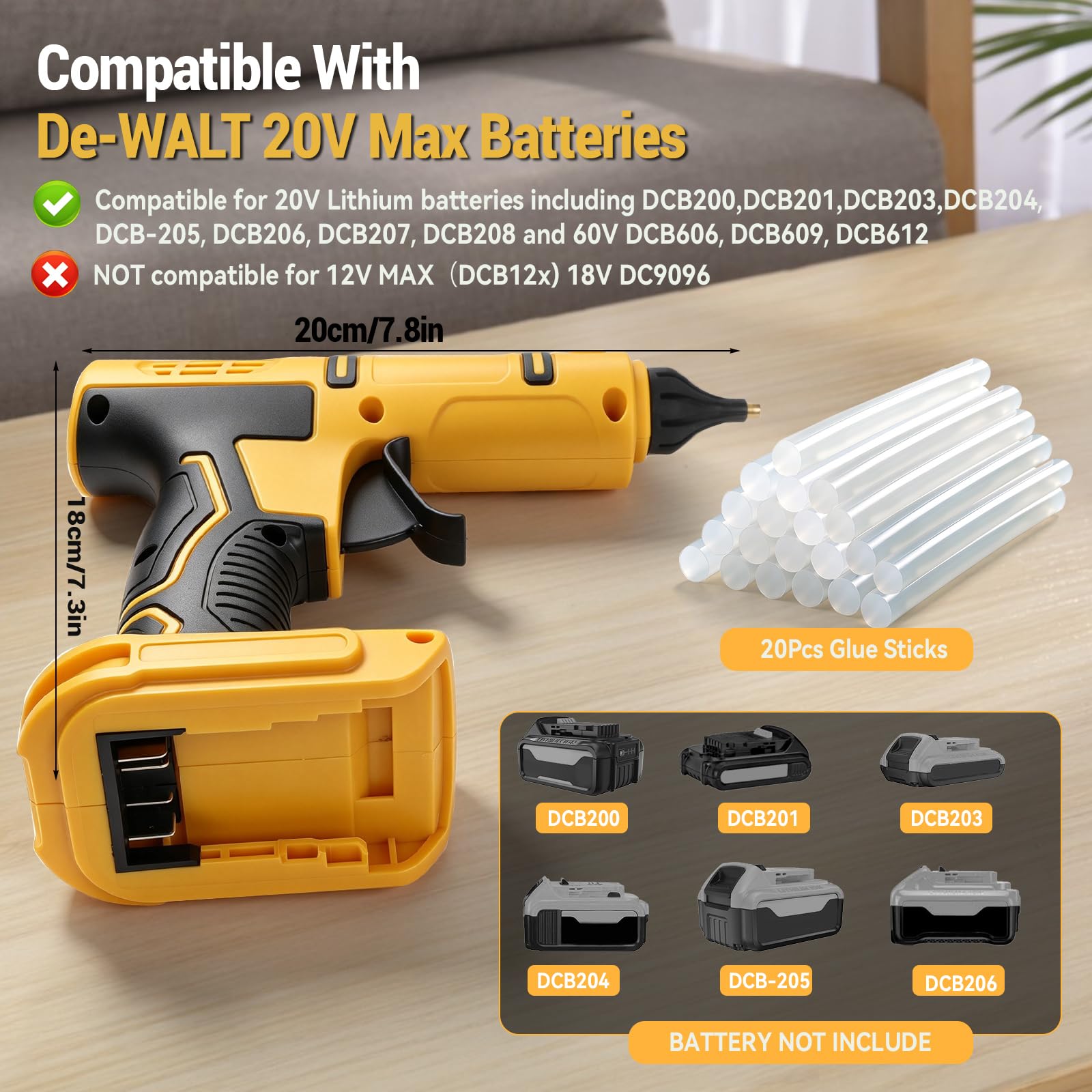 Pistola de pegamento caliente a batería compatible con Dewalt 18V/20V, pistola de pegamento caliente con 20 barras de pegamento de 11 mm, ideal para reparaciones, manualidades, bricolaje (amarillo
