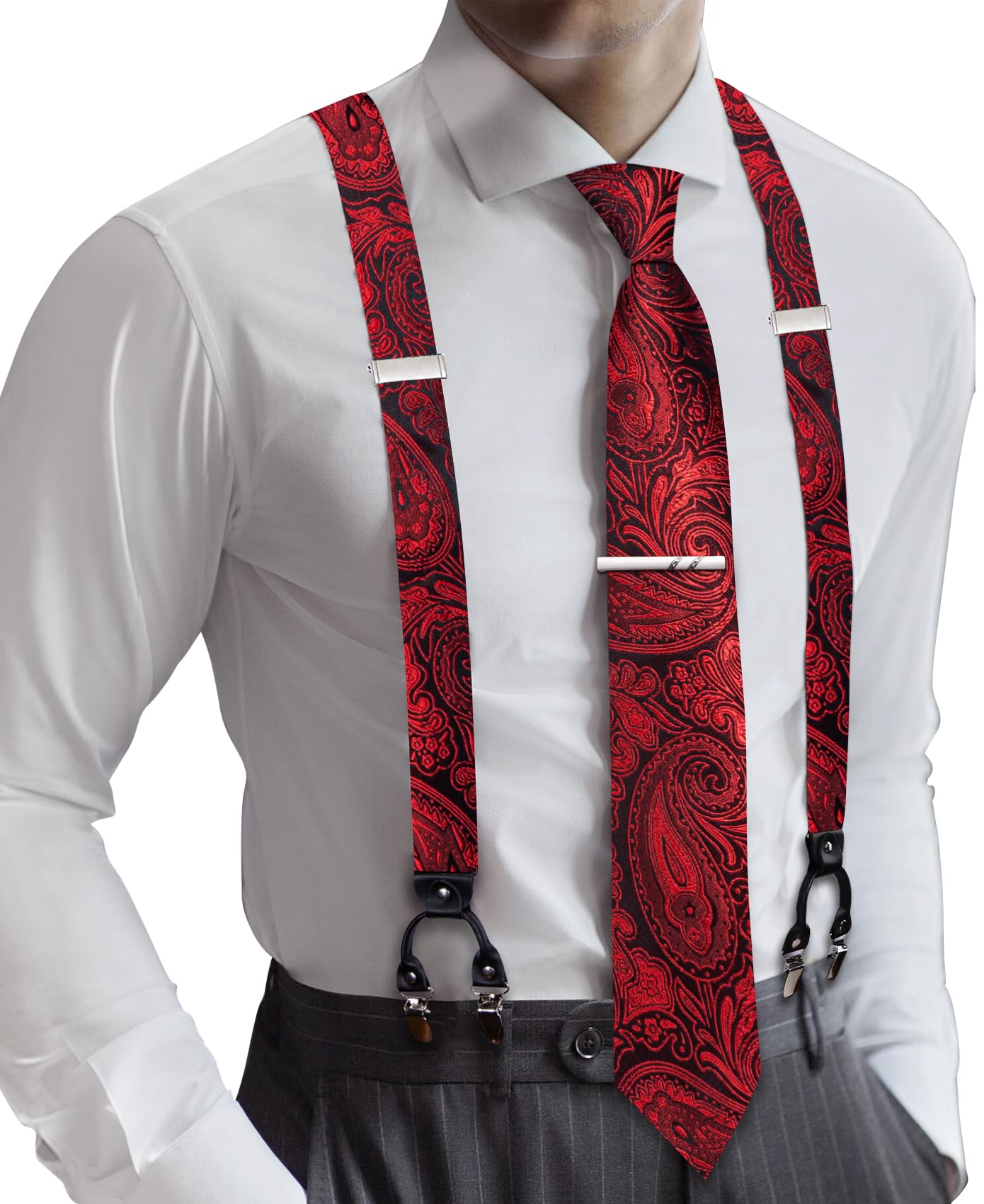 Barry.Wang Men Suspender Tie Sets Elastic Heavy 6 Clips Hanky Cufflink 5PCS | Classic Suspender Set for Man Necktie Y Type Adjustable Heavy Duty 6 Clips Braces Pocket Square Cufflinks Party
