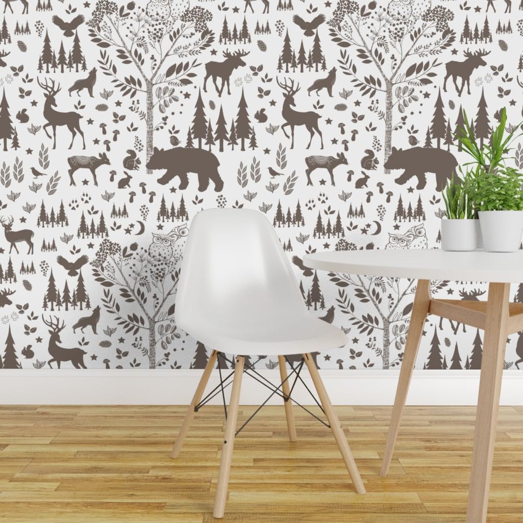 Removable Wallpaper 12ft x 2ft - Woods Brown Baby Deer Winter Christmas Bear Animals Woodland Owl Custom Pre-Pasted Wallpaper by Spoonflower
