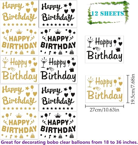 Miniatura 3 de Calcomanías de feliz cumpleaños para globos, 12 piezas de calcomanías de globos de fiesta Bobo de color dorado y negro, calcomanías de letras para