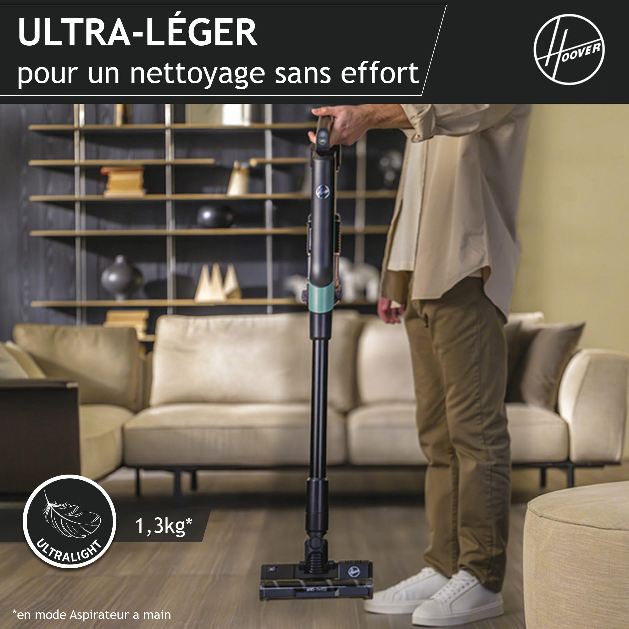 Hoover Ultra-léger HF201P Aspirateur Balai sans Fil, Turbobrosse Spécial Animaux, Technologie Ultra Compact x3, 1L, Puissant 50AW, 40 Min, Brosse Sols durs Anti-Twist, Eclairage LED, Noir & Ver