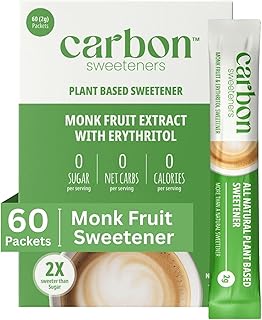 Carbon Sweeteners Monk Fruit Sweetener With Erythritol, White Sugar Substitute From Monk Fruit Extract, Classic White Sugar Replacement for Baking, Coffee & Tea, Gluten Free, Low Carb, Non GMO, Keto, 60 Count (Pack of 1)