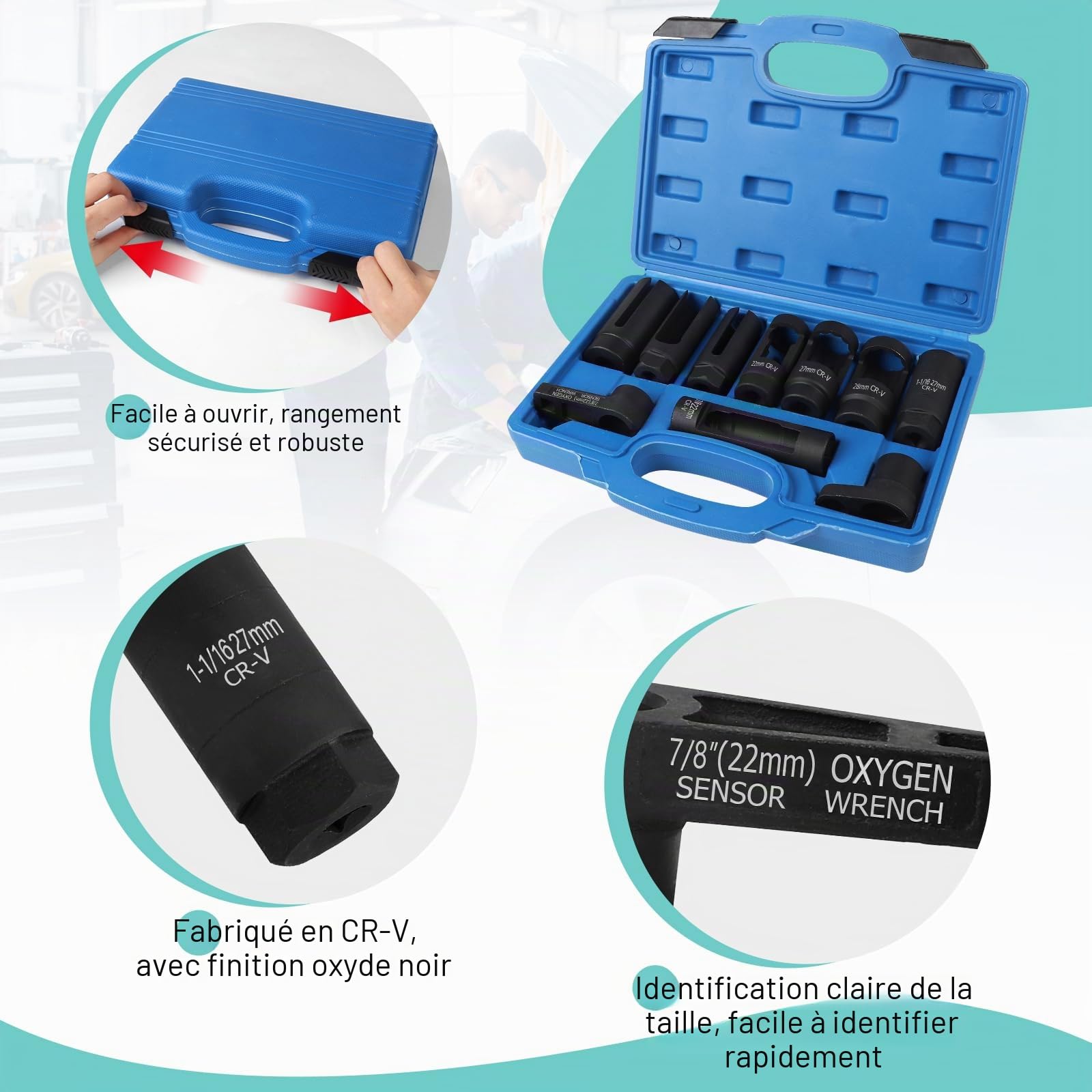 Lot de 10 clés à douille pour sonde lambda - Avec écrou de sonde lambda de 22 mm et 27-29 mm et clé à vis pour capteur d'oxygène de 7/8" - Outil de sonde lambda (10 pièces)