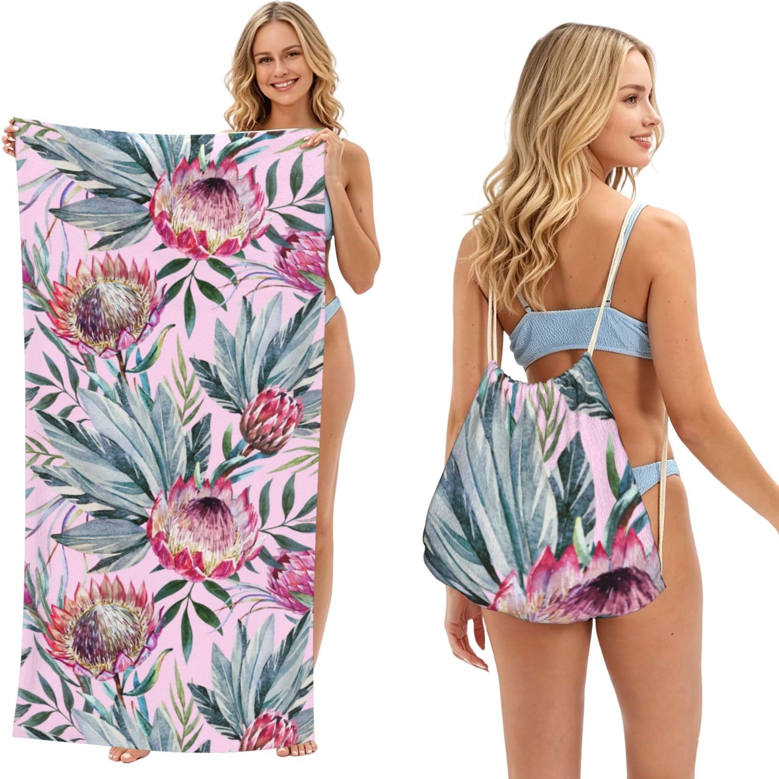 Poadnly As Picture Tropical Protea Pattern, 2 In 1 Packable Towel Bag, Beach Towels With Drawstring Backpack For Travel Holiday Camping