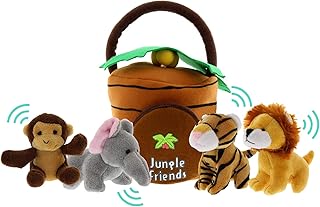 Jungle Animals Talking Plush Baby Toy – 5 Piece Small Stuffed Animals Set Including Jungle House Carrier and Stuffed Monkey, Lion, Tiger & Elephant – These Mini Toys are Ideal for Boys and Girls