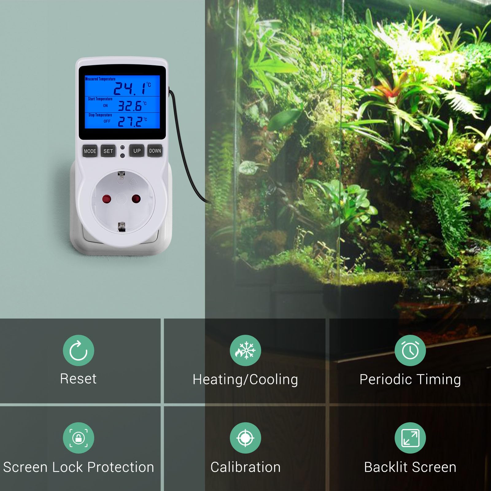 INKBIRDPLUS Termostato Digital Enchufe Calefaccion y Enfriamiento con Sonda 220V, Controlador de Temperatura Enchufe Momento Cuenta Regresiva para Incubadora,Tortugas,Lagartos,Elaboración casera,Cría