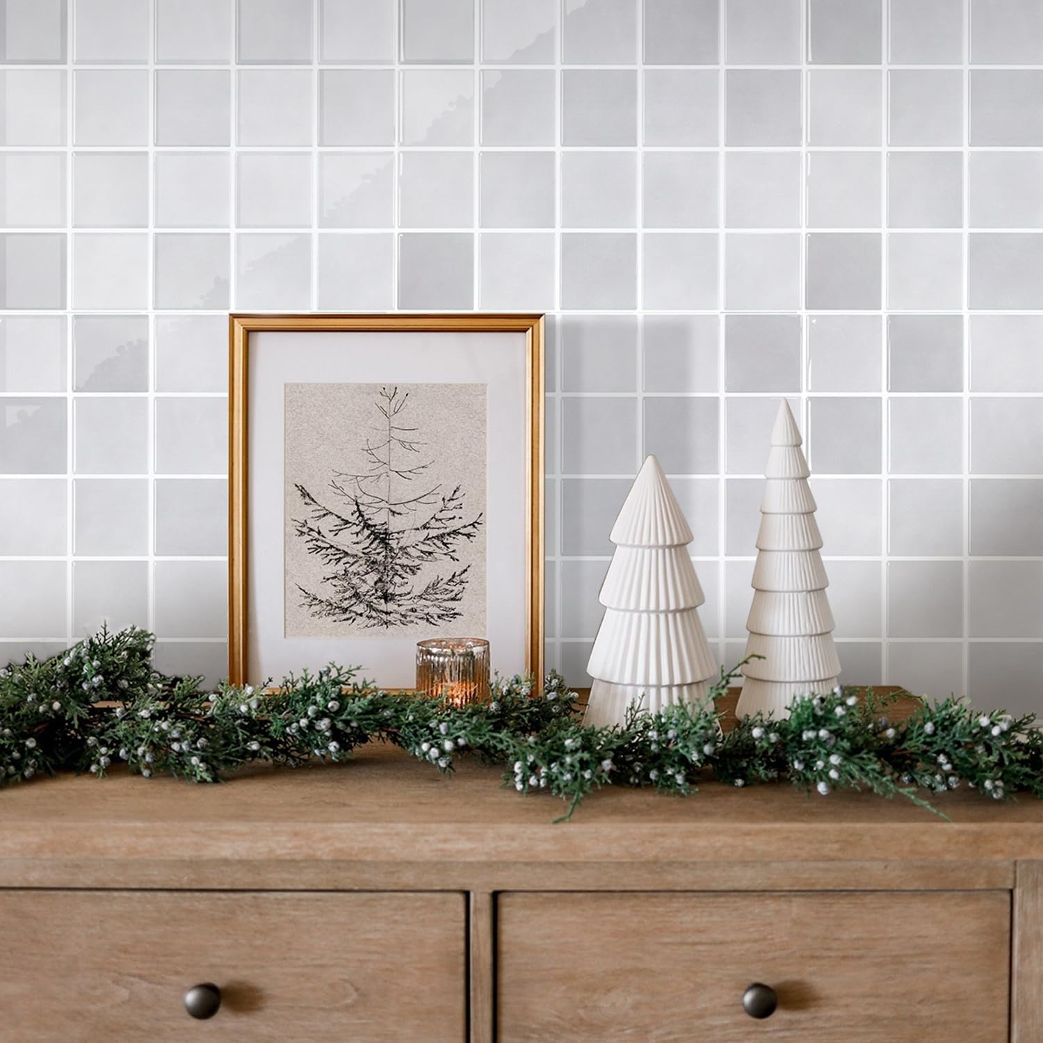 Thicker Light Gray Peel and Stick Backsplash Tiles- 10 pcs of 12" x 12"- 3D Adhesive Glossy Square Panels Stick on Backsplash Tiles for Kitchen,Bathroom,Vinyl, Waterproof,Interior Wall Tile