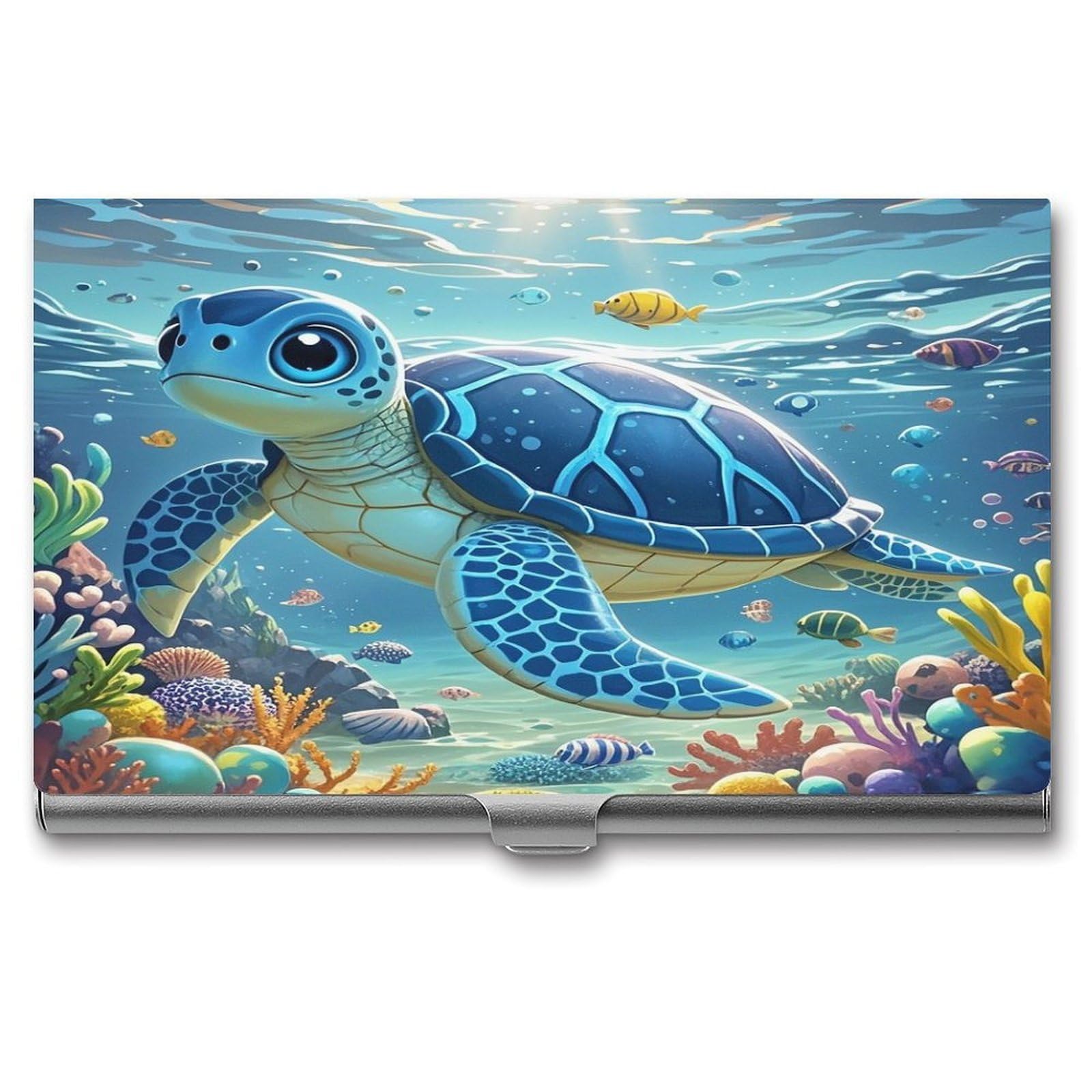 FekiLoot Blue Sea Turtle in Ocean Business Card Holder Aluminum Alloy Business Card Case Convenient to Carry Business Card Dispenser for Men Women