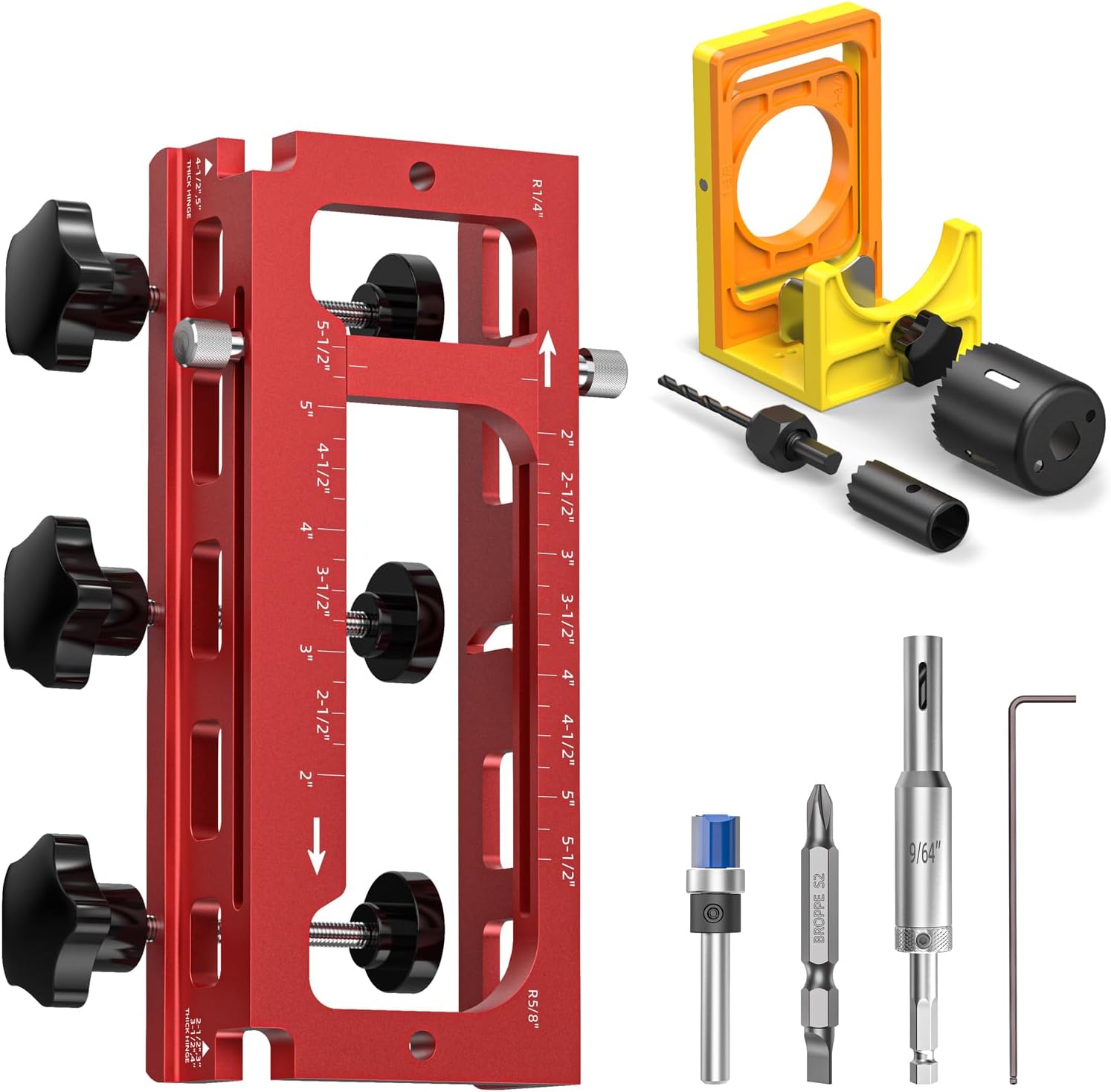 Door Hinge Jig & Door Lock Installation Kit, Adjustable Hinge Router Template Fits 2.5" to 5" Length, 1/4"-5/8" Radius and Types of Square, C-Clamp Design Door Hole Drilling Kit for Knob and Deadbolt