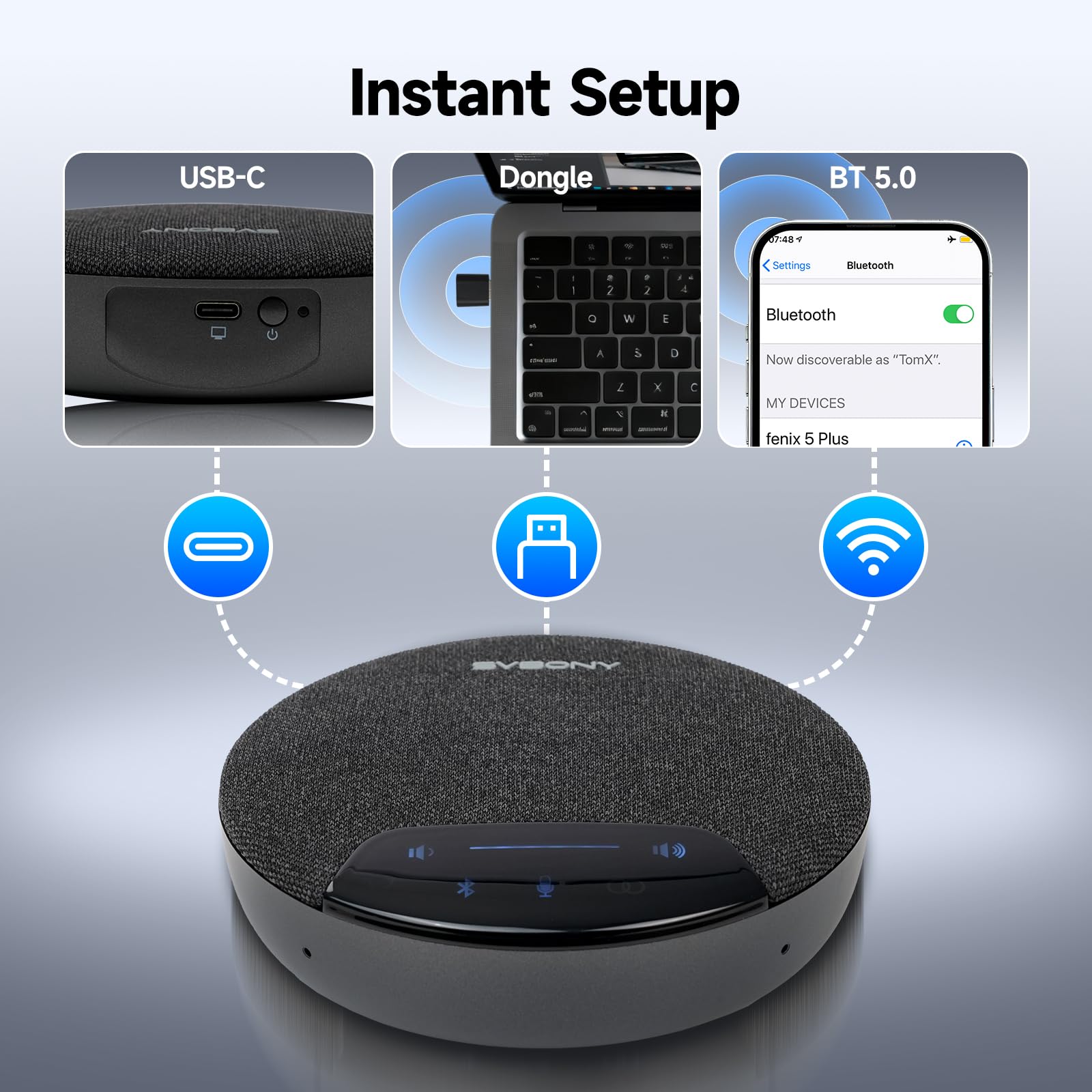 SVBONY SVN O1 Conference Microphone a Doppio Canale con Cancellazione del Rumore 3A+AI, 4 Microfoni per La Ripresa Vocale a 360°, 3 Connettori Plug-&-Play per Sala Conferenze di Medie Dimensioni