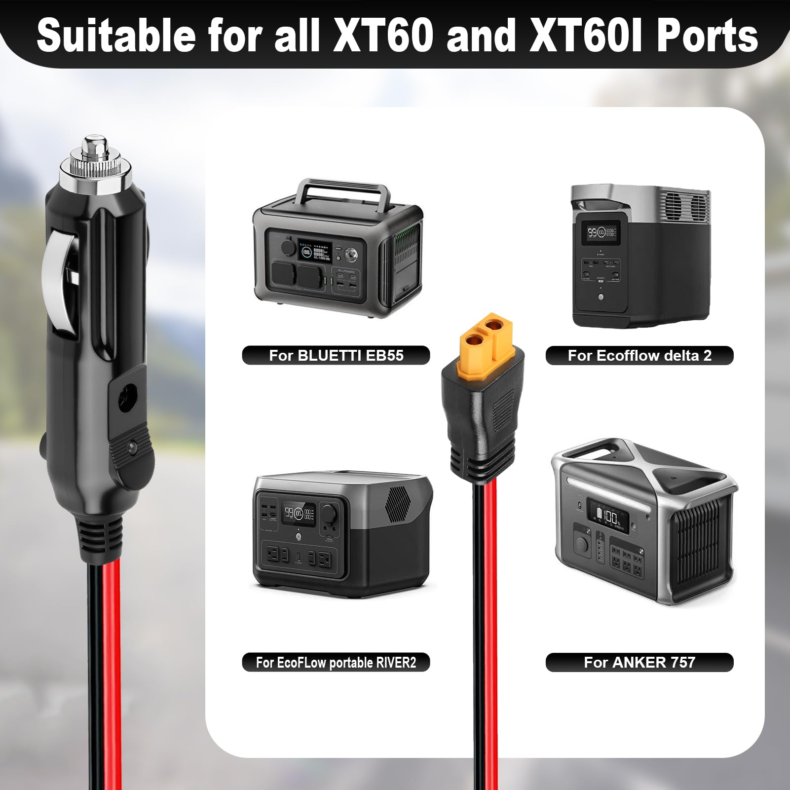 Cavo da accendisigari da 12 V/24 V a XT60, adattatore CC XT60 da 3 m, 16 AWG, caricabatteria da auto per BLUETTI Power Station EB55/AC2A/AC70, Anker 757/767, SOLIX C200 C300, generatore solare ECOFLOW