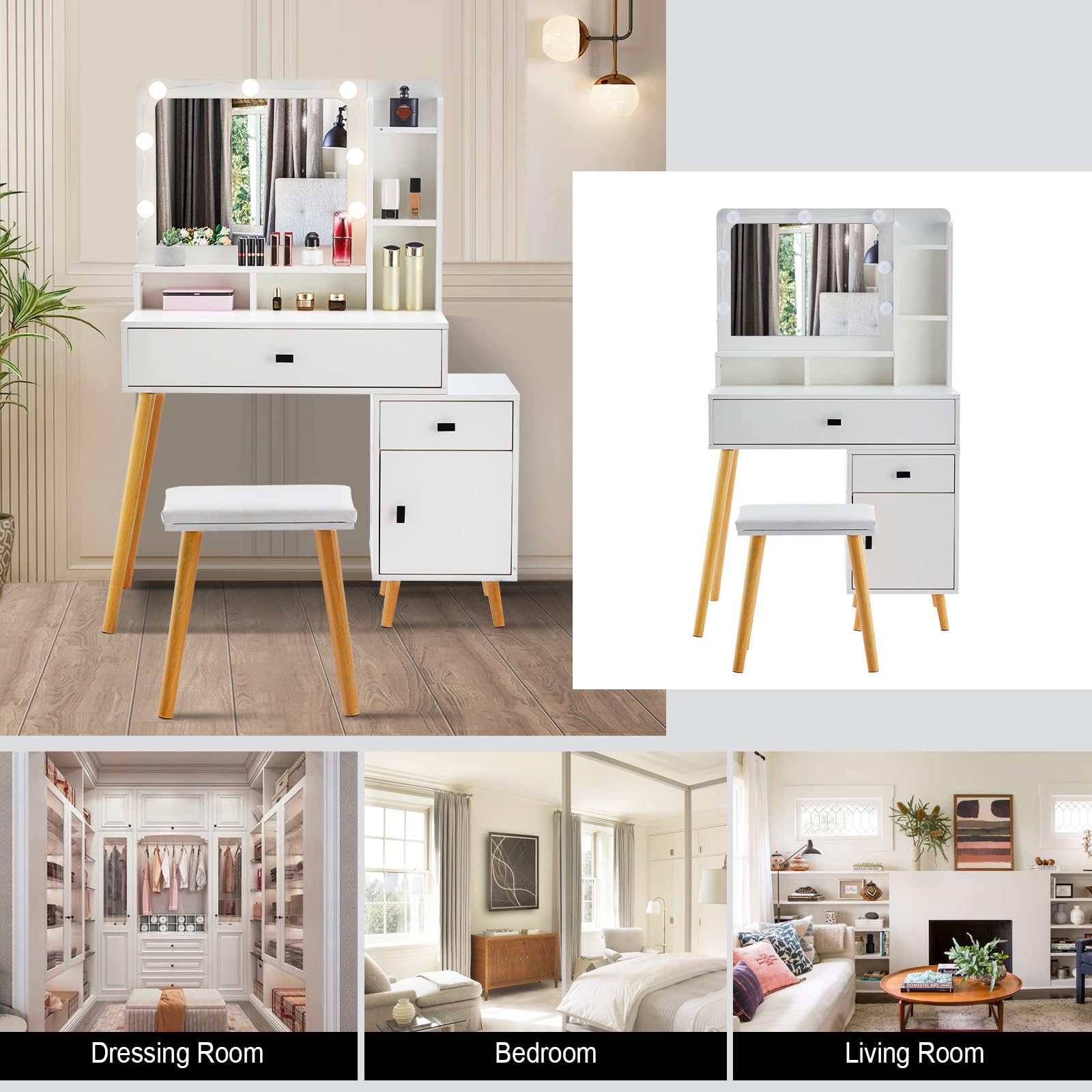 Toeletta Con Luci LED Hollywood - 2 Cassetti E Sgabello - LEMROE Bianco Per Camera Da Letto - Foto 7