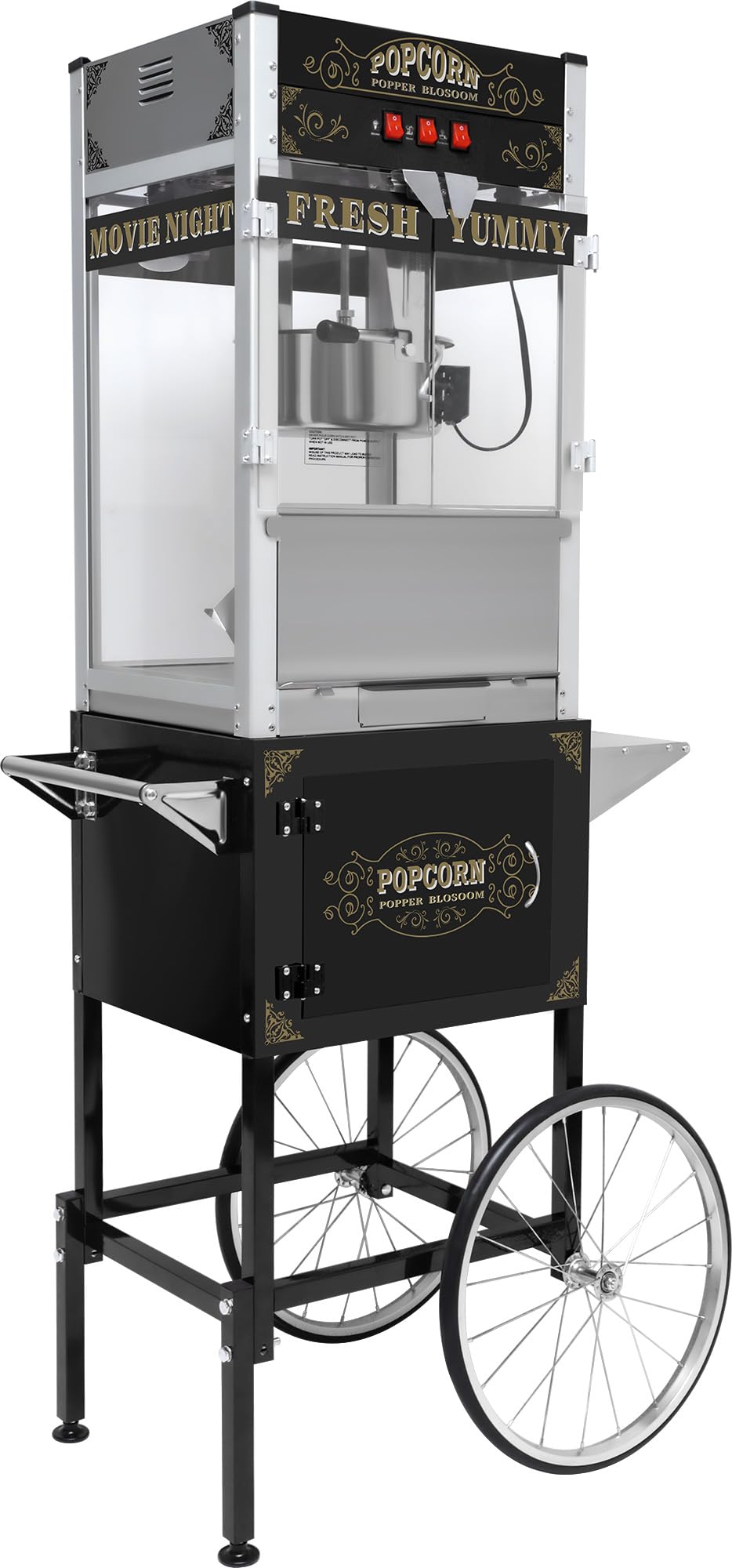 Commercial Popcorn Machine 22OZ with Cart - Stainless Steel Kettle Popper with Wheels, Warming Deck &amp; Tempered Glass, for Business, School, Corporate, Institutional, Theater, Home Use, Black