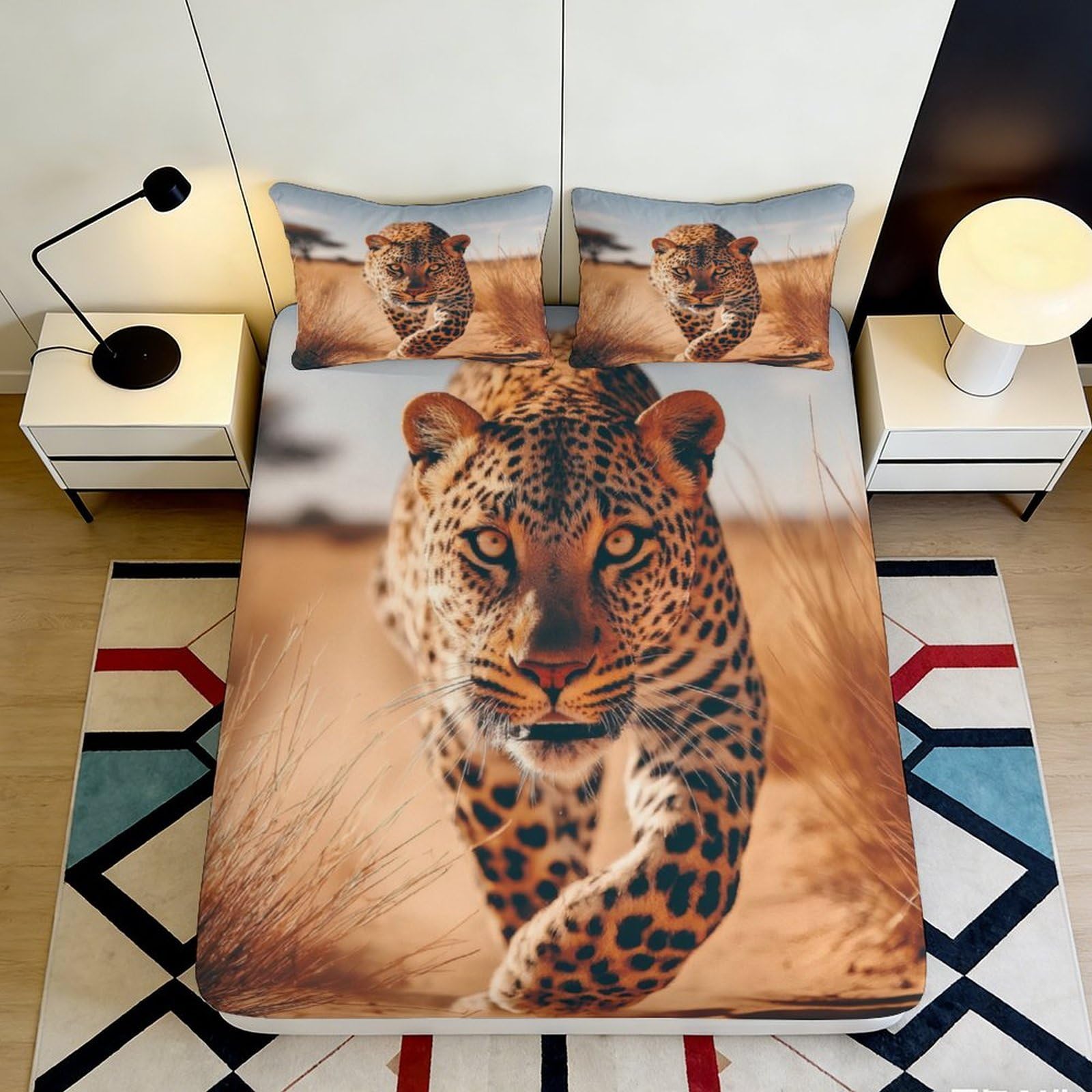 3D Printed Wild Leopard Fitted Sheet Microfiber Soft Bedroom Decor Savannah Animal Mattress Cover for Home Dorm 160x200x25cm
