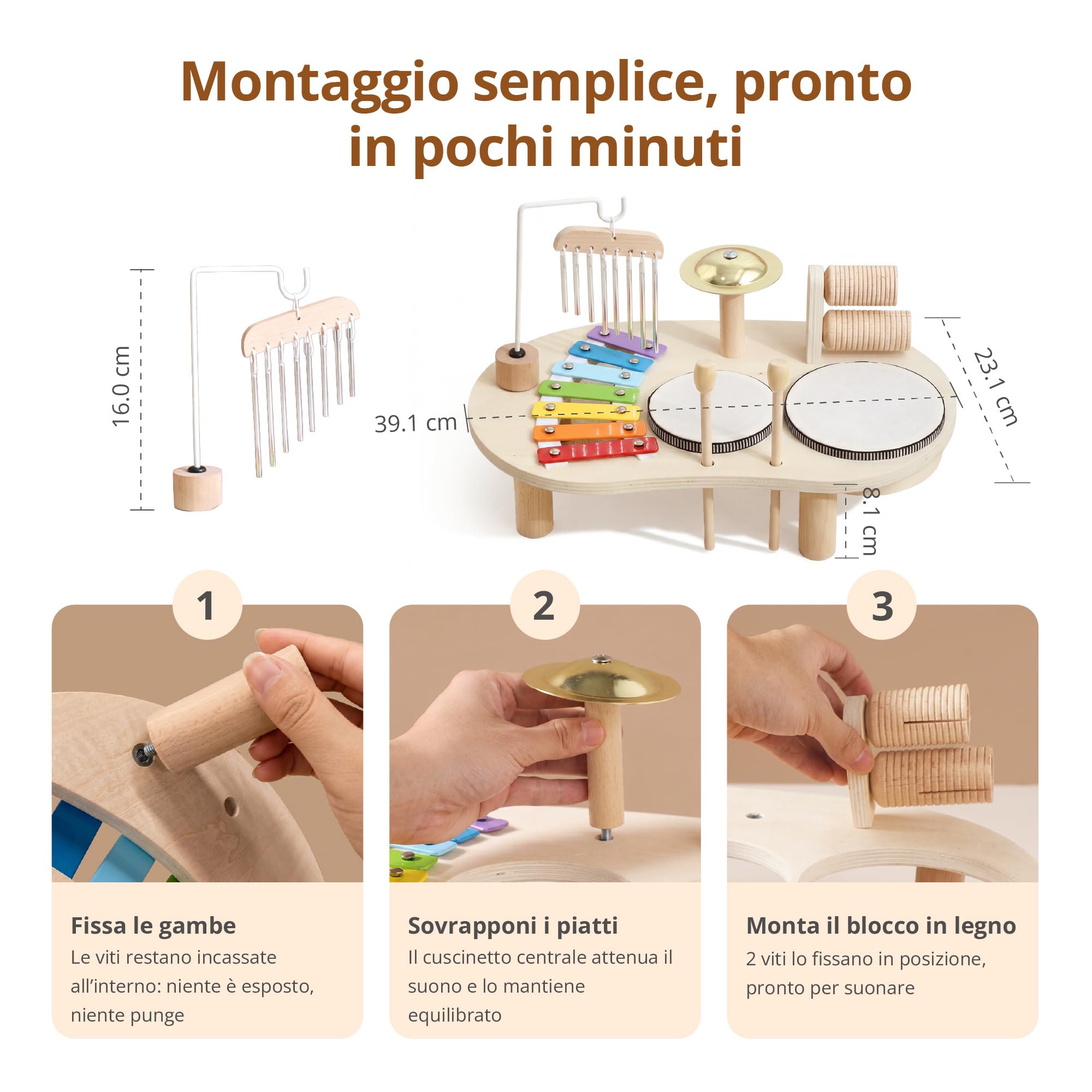 Strumenti Musicali in Legno per Bambini da 1 a 3 Anni, Batteria Montessori con Tamburo, Xilofono e Percussioni, Giocattolo Musicale Educativo, Regalo per Bambine e Bambini