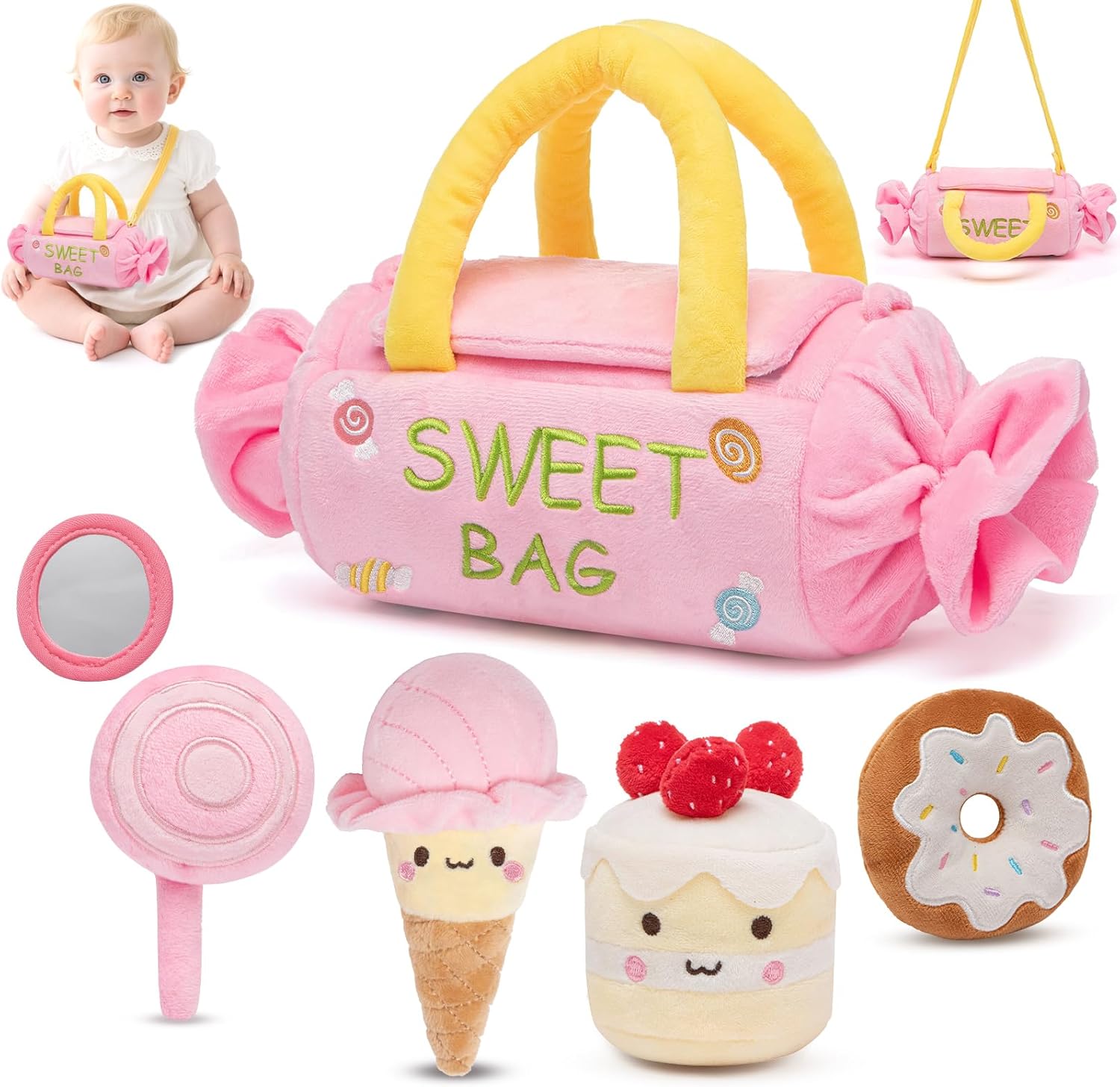 Baby Toys 6-12 Months,My First Candy Bag Plush Toy-5 Sensory dessert Soft Toys with Rattle, Crinkle Paper, Squeaker, Mirror,Busy Montessori Soft Toys for Toddlers,1st Birthday for Babies Girls