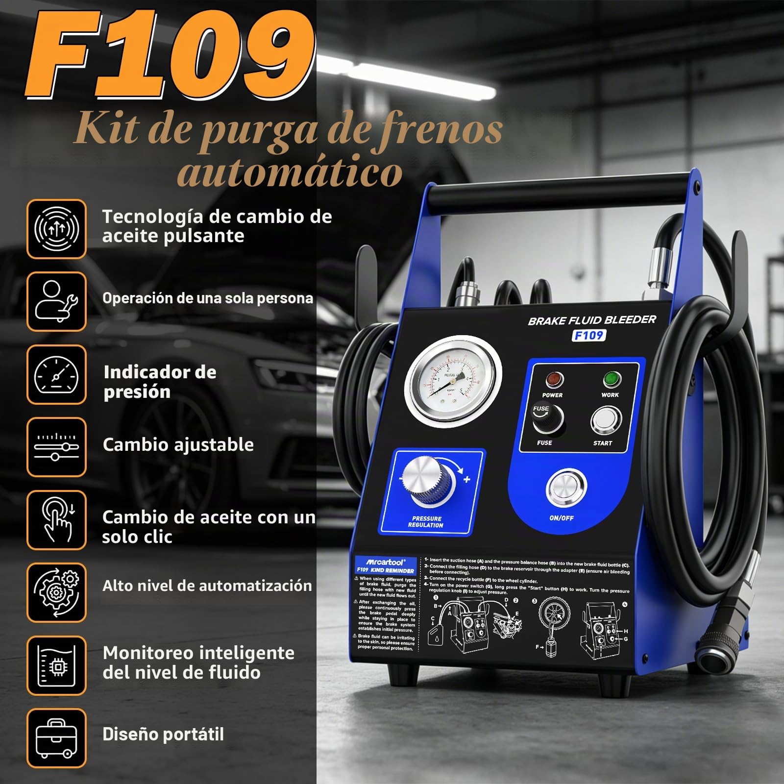F109 Purgador de frenos de coche eléctrico con automático de un botón | Equipo cambiador de líquido de frenos por impulsos, 3 adaptadores de aluminio para depósito principal, regulable 0,5–2,5 Bar
