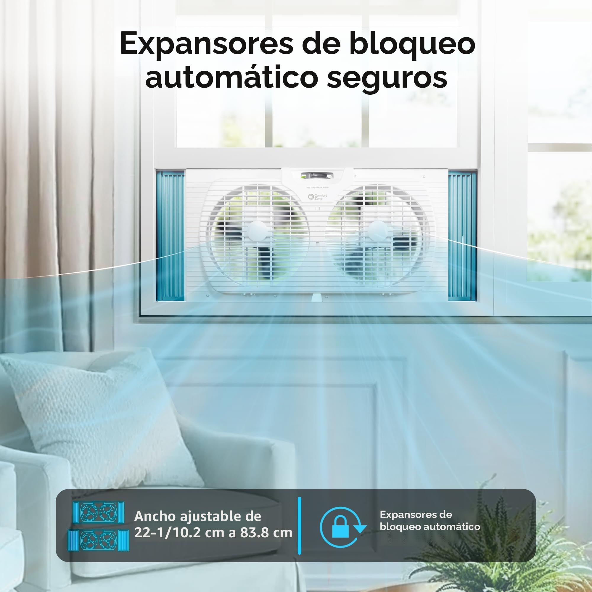 Comfort Zone Ventilador reversible de doble ventana de 9 pulgadas y 3 velocidades, ventilador de escape de ventana de doble hoja con expansores de bloqueo automático, 22.25 a 33 pulgadas de ancho