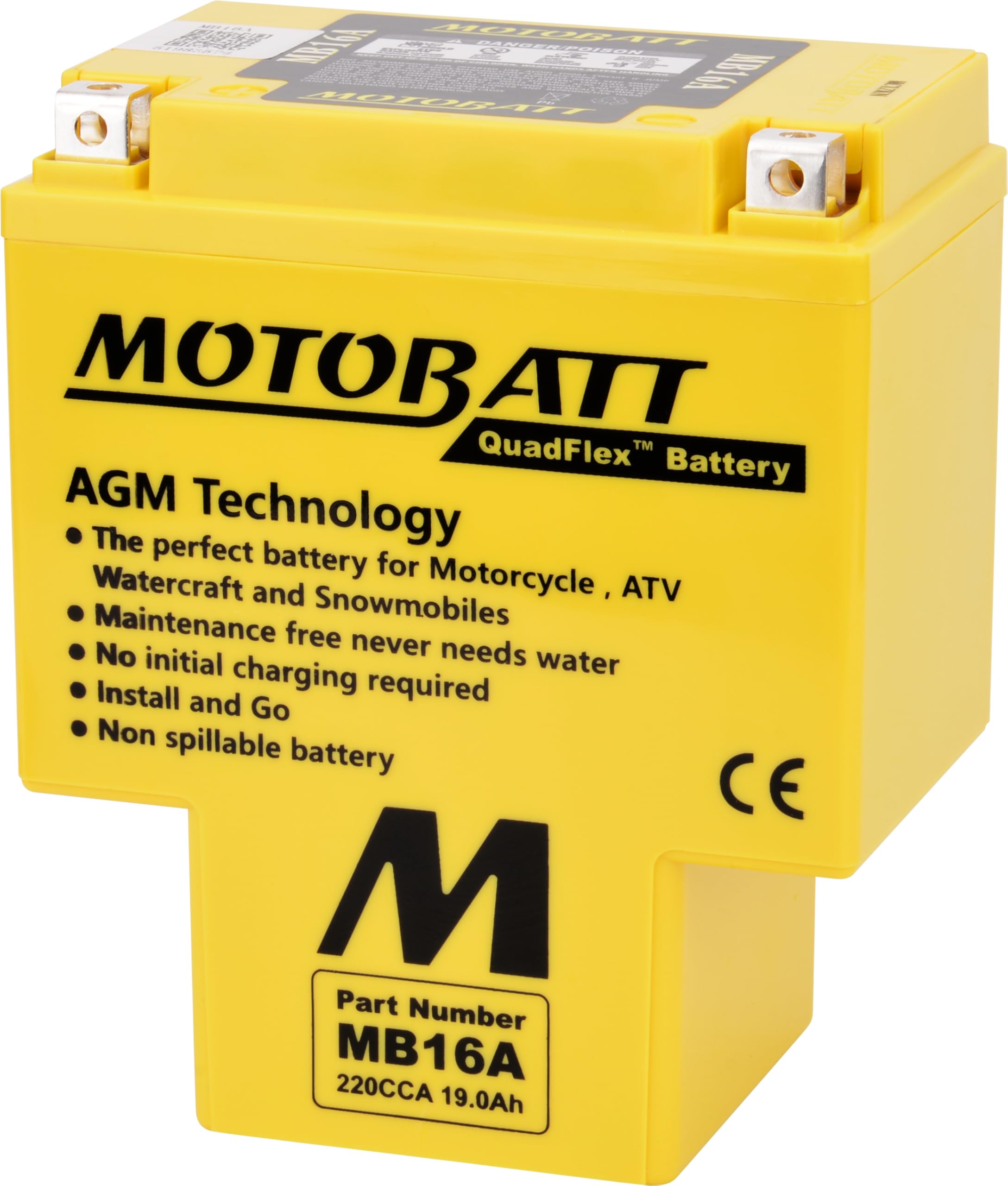 MOTOBATT - Motorradbatterie AGM MB16A | 12V 19.0Ah 220CCA | Versiegelt & Werksaktiviert | Kompatibel mit HYB16A-A, HYB16A-AB | Kompatibel mit Honda, Yamaha, Kawasaki, Suzuki, BMW u.a.
