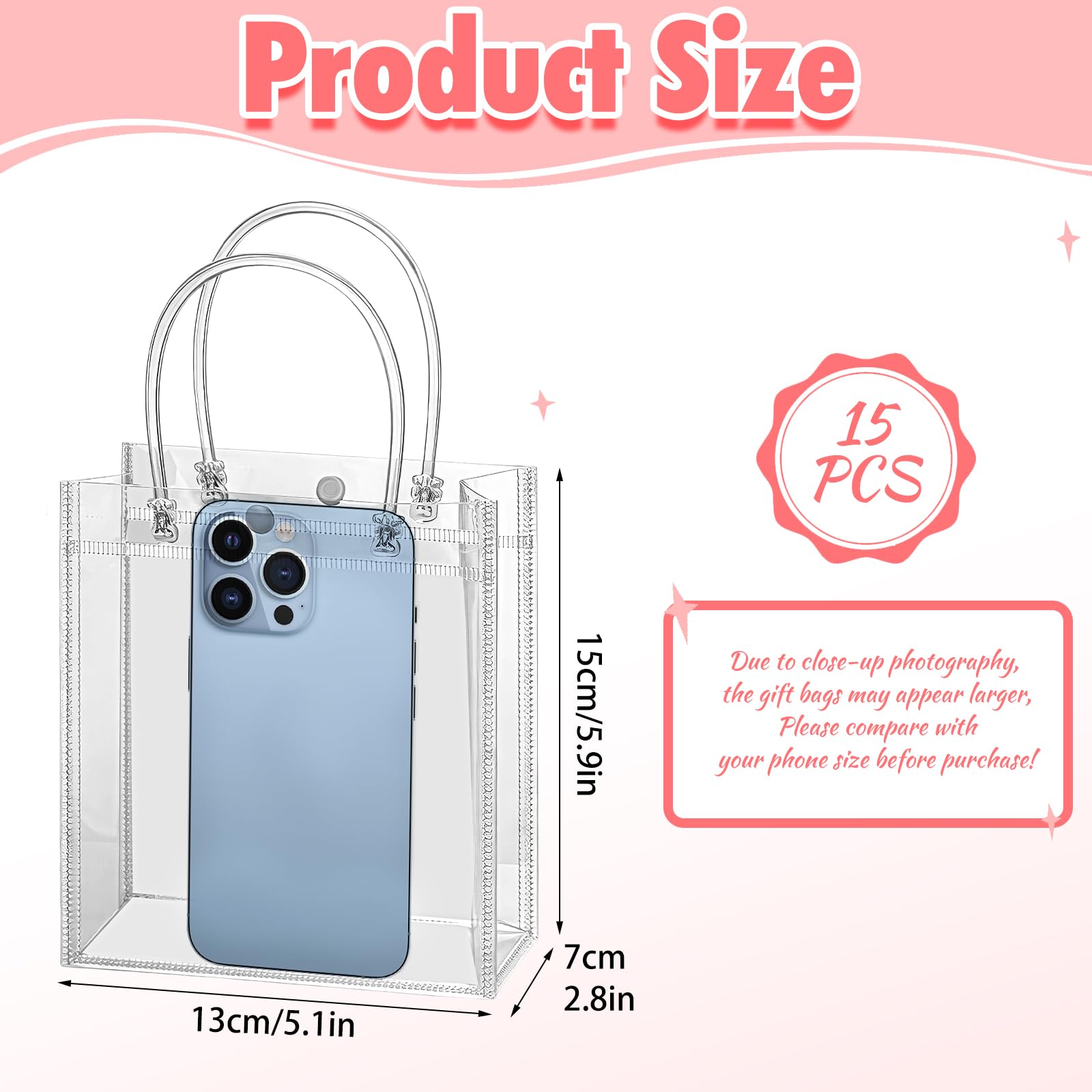 woric Clear Gift Bags with Handles, 15 PCS Small Plastic Party Favor Bags Reusable Transparent Gift Wrap Goodie Bag Bulk for Weddings Graduation Father's Day Birthdays 5.9"x5.1"x2.75"