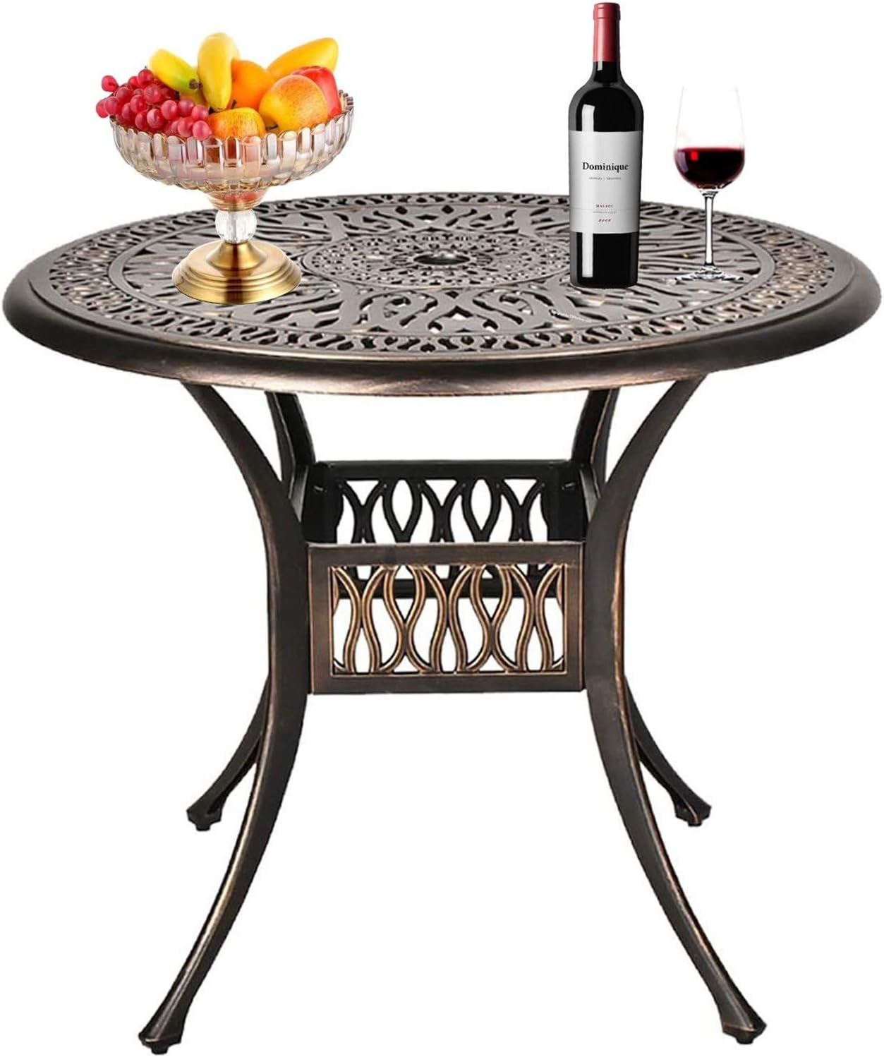 Grepatio 35.4" Patio Dining Table, Cast Aluminum Bistro Table with Umbrella Hole Outdoor Round Conversation Table, Antique Bronze