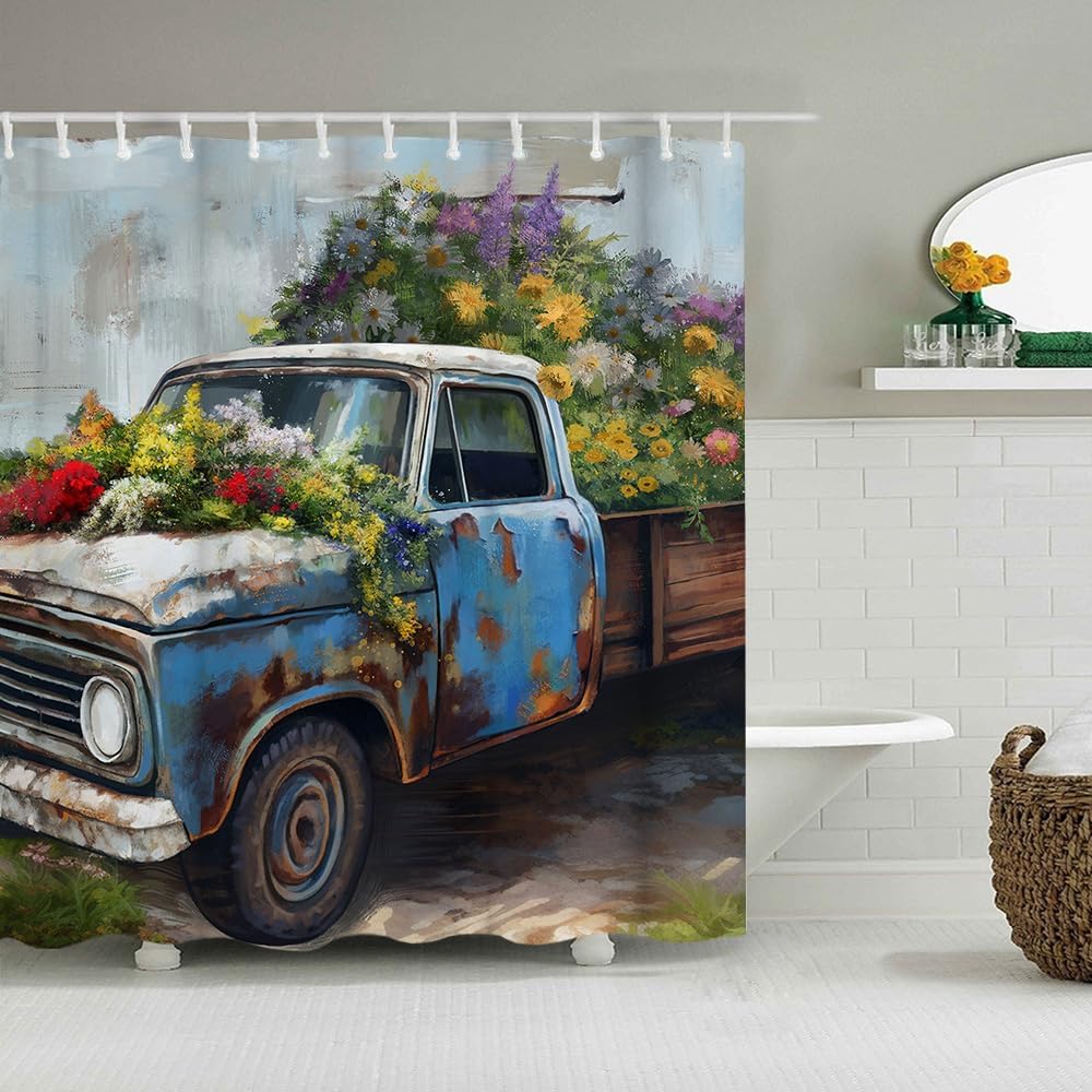 Amazon.com: RnnJoile Farmhouse Shower Curtain Rustic Truck Bath Curtain ...