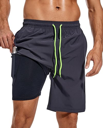 difficort Mens Swim Trunks Quick Dry Bathing Suit 9 inch Inseam Board Shorts with Compression Liner and Zipper Pocket - Medium - Dark Grey