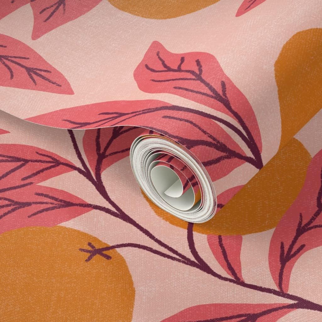 Peel & Stick Wallpaper 12ft x 2ft - Oranges Fruit Pink Citrus Bohemian Orchard Boho Summer Feminine Custom Removable Wallpaper by Spoonflower