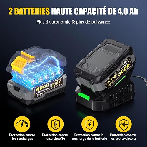 SoarFly cle a choc sans fil 1500N.m 21V, boulonneuse a choc brushless 1/2 pouce, clé à choc avec 2 batteries 4.0Ah, 3 vitesses LED, coffret douilles pour auto camion bricolage - 4