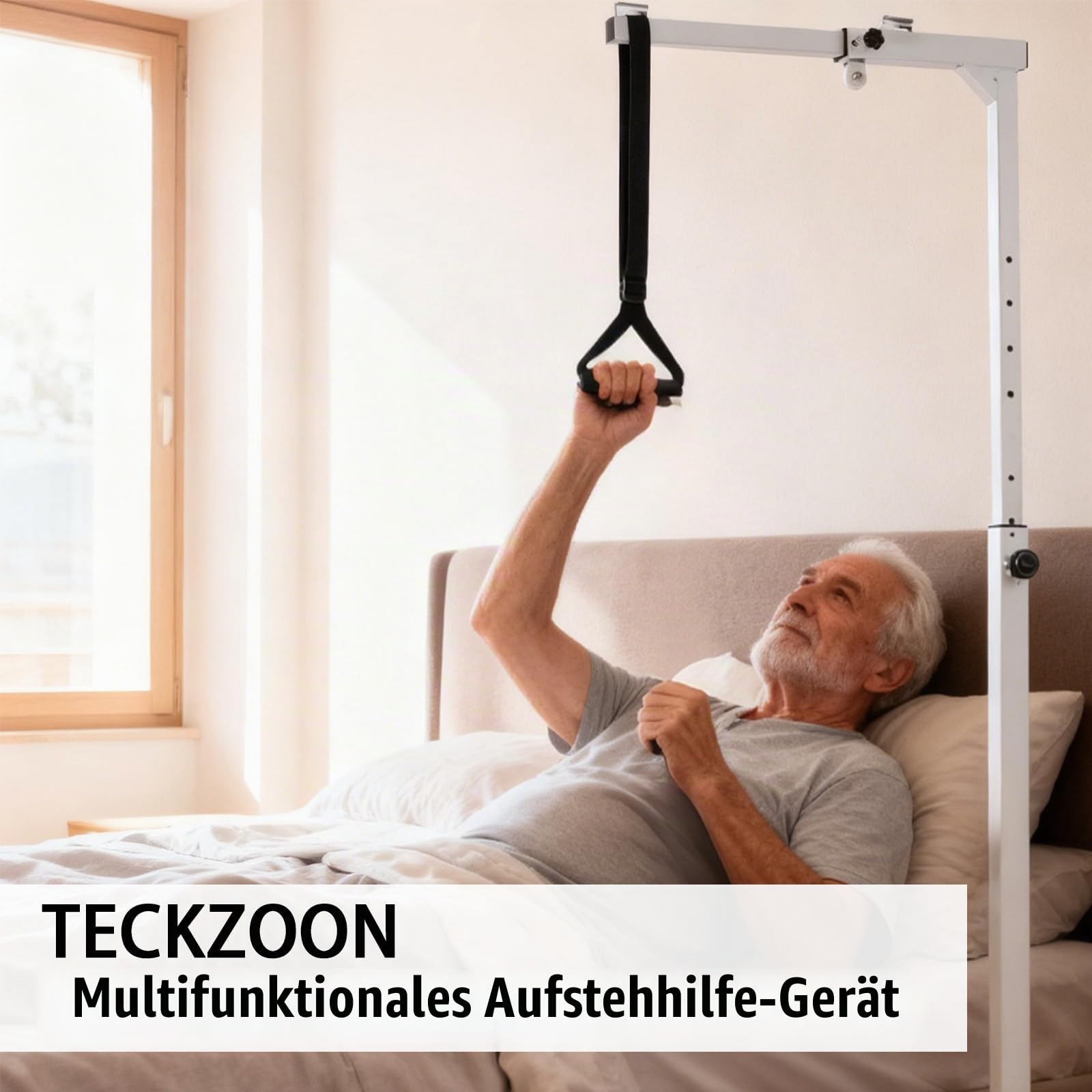 Unabhängiger Aufrichthilfe für Senioren, 130-175CM höhenverstellbar Bettlift mit Multifunktional Trapezgriff, Riemenscheiben und Riemen, Stabiler Bettaufrichter, Aufrichthilfe bis 100 kg