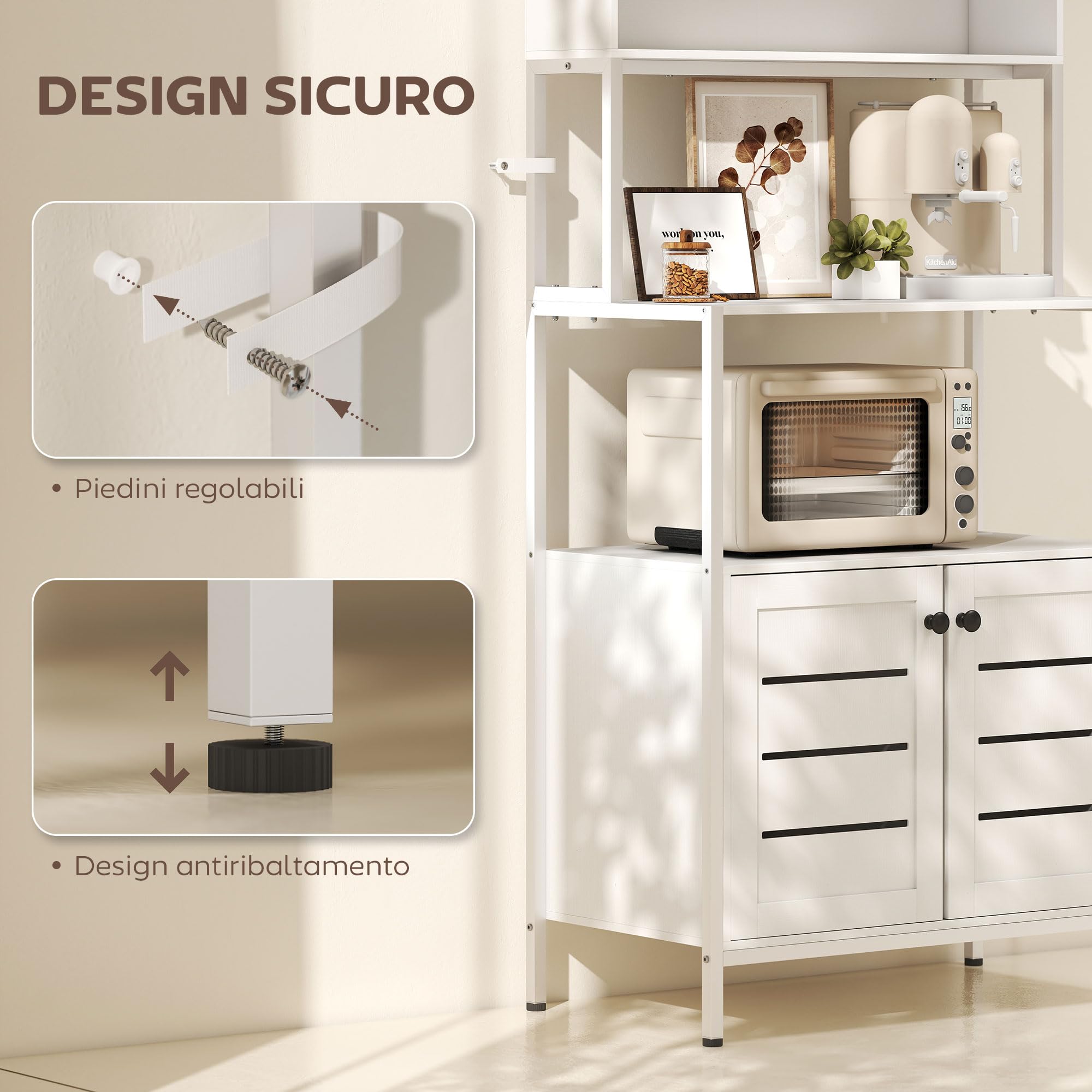 HOMCOM Scaffale Cucina con Ripiani, 2 Prese di Ricarica USB e AC, Scaffale per Microonde con Armadietti con Porte a Persiana, Mobile Cucina Salvaspazio in Legno e Acciaio, 80x42x171 cm, Bianco
