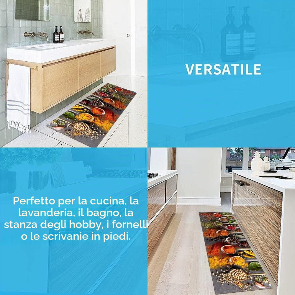 KINGGOO Tappetino da cucina antifatica,Stoviglie e spezie 60 x 180cm impermeabile,antiscivolo,tappetino da cucina,resistente alle macchie,per cucine, bagni