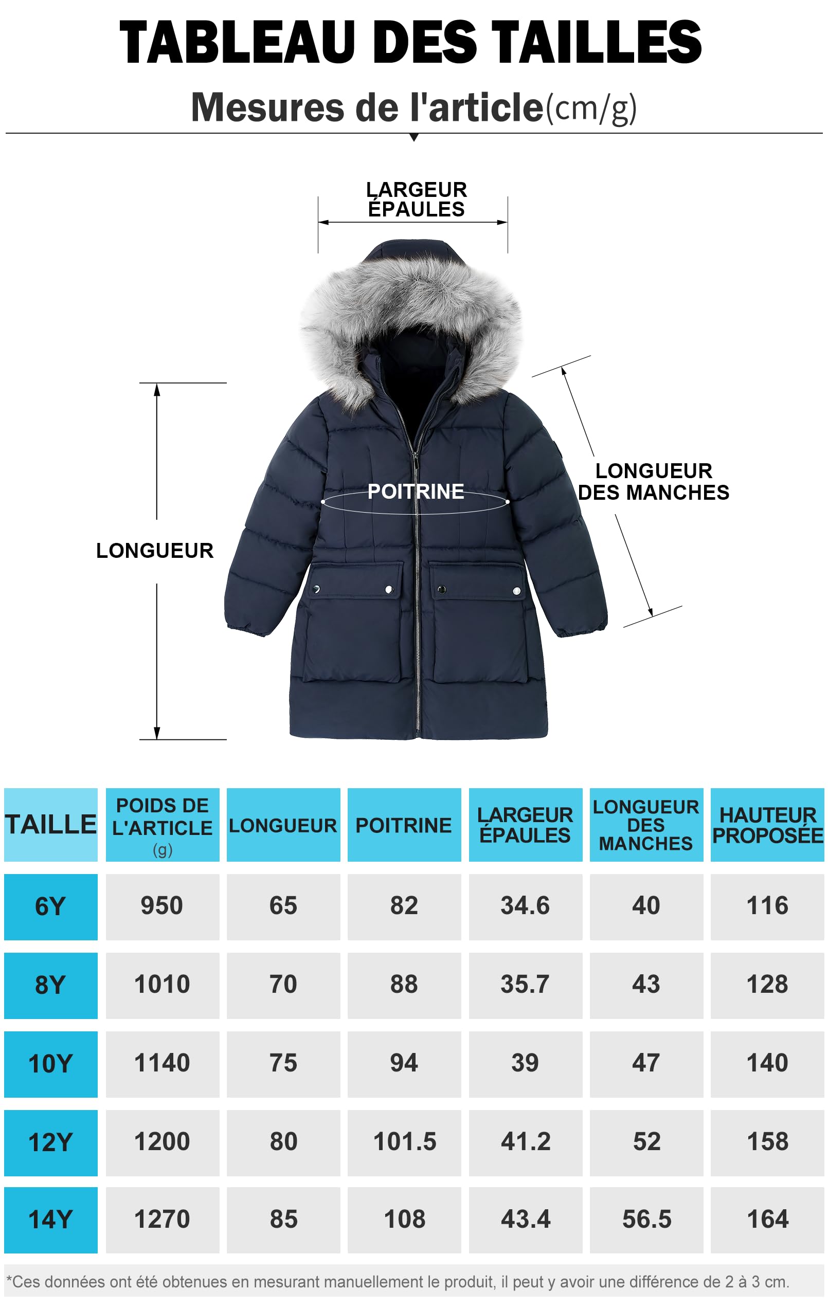 maoo garden Manteau d'hiver Bouffant pour Filles Parka de Neige Épaisse Doublure en Fourrure Duveteuse Capuche Veste Résistante à l'eau