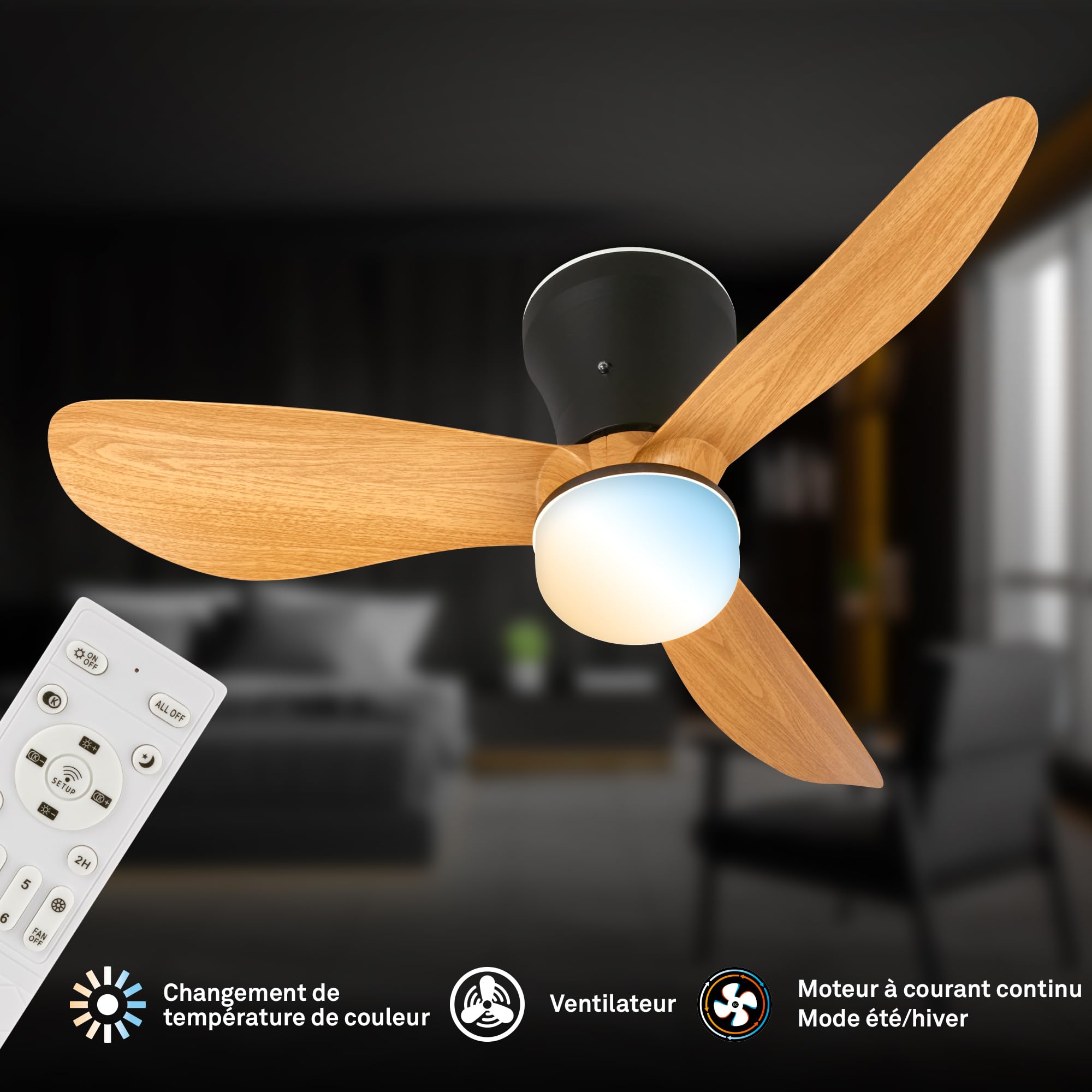 BRILONER - Plafonnier ventilateur de plafond LED avec éclairage, télécommande, moteur DC silencieux à 3 vitesses, CCT et intensité réglable, pales amovibles, plafonnier ventilateur, 78 cm, noir bois