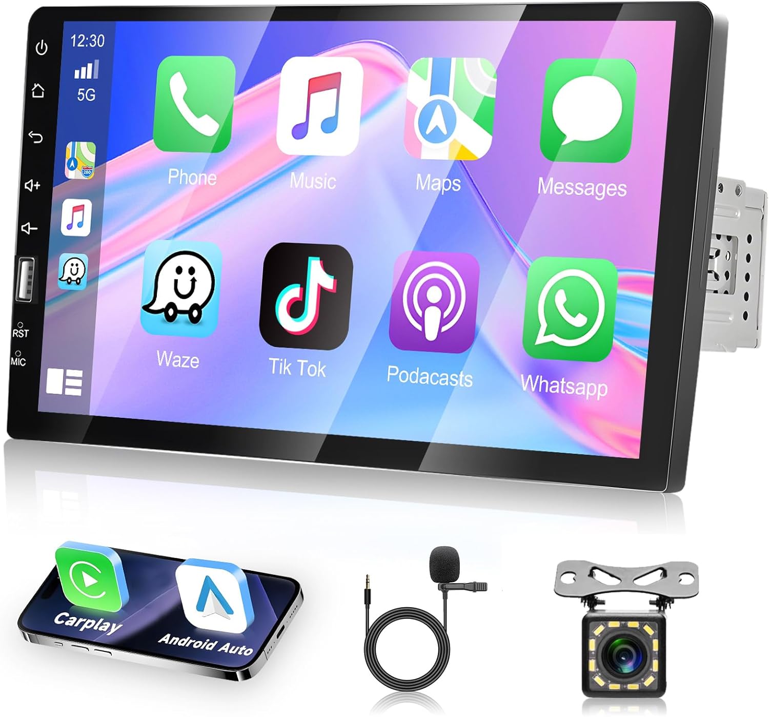 [Upgrade] 9 Inch Single Din Car Stereo Touchscreen Radio with Apple Carplay, Bluetooth, Android Auto, MirrorLink, Podofo Car Radio with FM/USB/SD/AUX/Subwoofer Ports, Fast Charging, Backup Camera