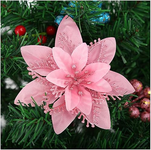 Adorno de flor de pascua artificial, 16 unidades, flores de Navidad con purpurina para bodas, fiestas, árbol de Navidad, coronas, guirnaldas, caja