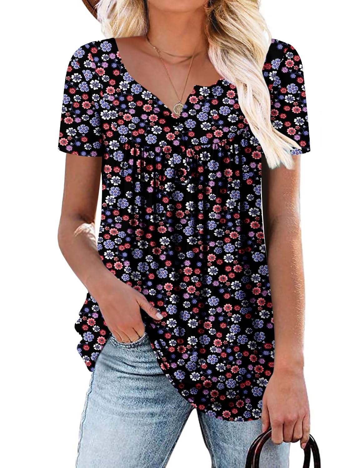 onlypuff Women's Short Sleeve Shirts Floral Summer Tunic Tops Loose Fit Shirts for Leggings