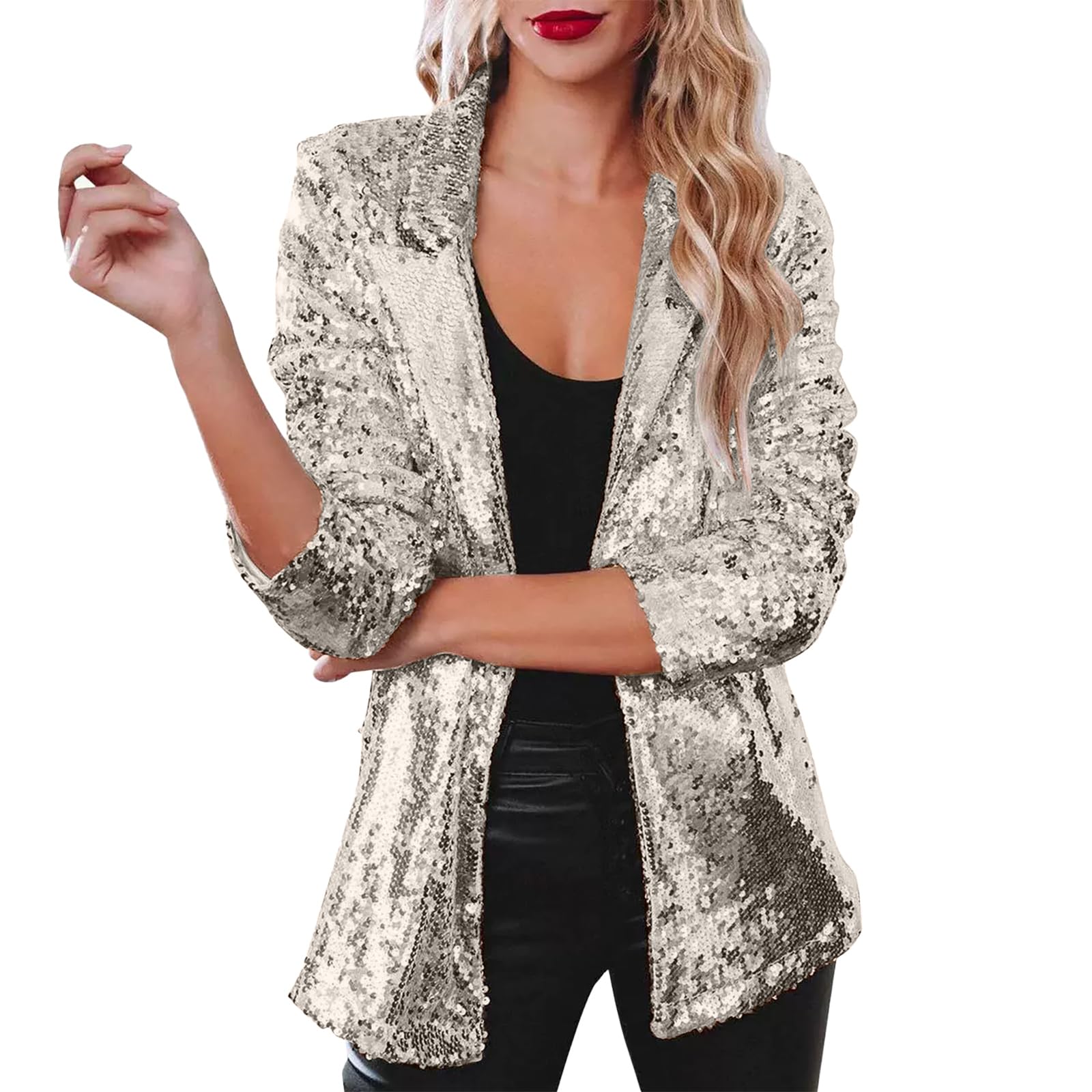 Christmas Sequin Jackets for Women Shiny Open Front Blazer Long Sleeve Holiday Outfits