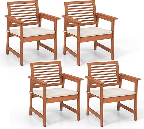 Tangkula Juego de 4 sillas de comedor para exteriores, resistentes a la intemperie, de madera de listones resistentes a la intemperie, con cojines