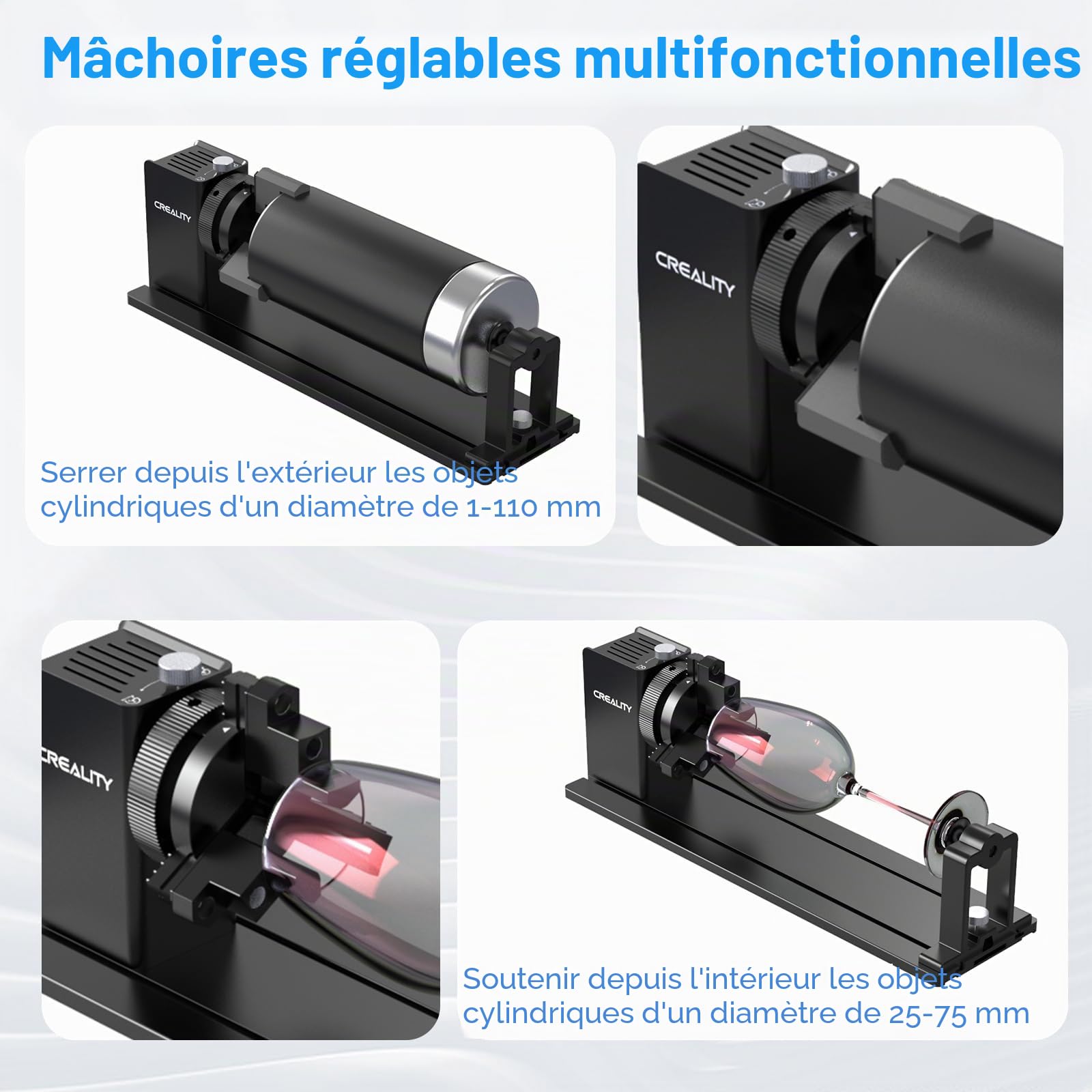 Creality Galet rotatif laser, mandrin rotatif sur axe Y pour graveur Falcon, kit rotatif Pro avec mâchoire 3 en 1 et module adapté pour la gravure d'objets cylindriques, verres à vin, gobelets, bagues