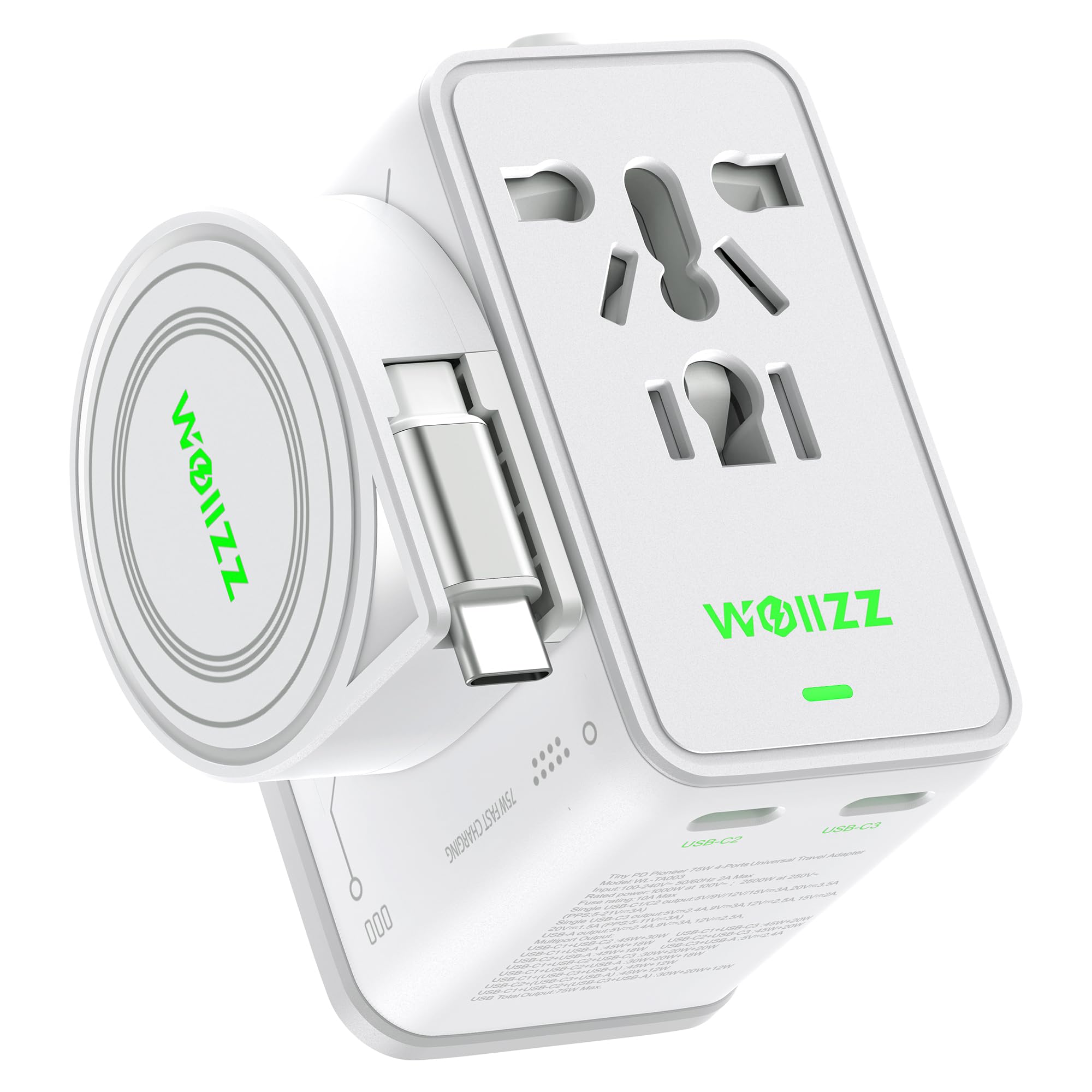 75W GaN Fast Charging European Plug Travel Universal Adapter | with 70cm Retractable Cabl…