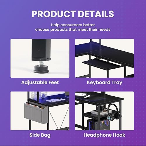 Miniatura 4 de DUMOS Escritorio para juegos en forma de L de 67 pulgadas, escritorio reversible para computadora con luces LED, mesa esquinera con bandeja para
