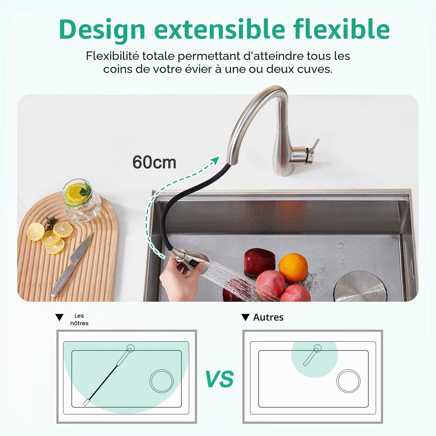 CREA Robinet de cuisine avec douchette extensible, Robinet de cuisine avec 3 types de jet d'eau, Mitigeur monocommande haute pression avec douchette, Pivotant à 360° en acier inoxydable, Brossé
