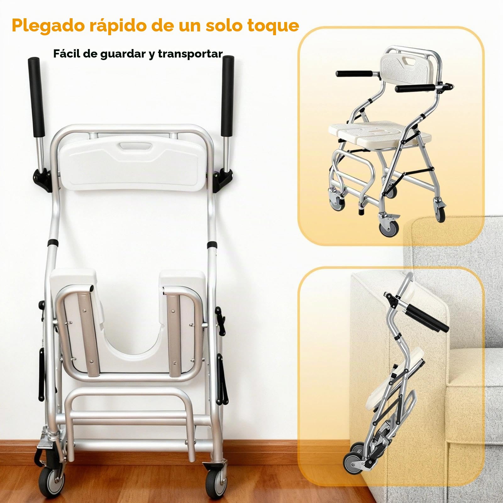 Silla de Ducha con Ruedas, Taburete de Ducha Plegable para Personas Mayores | Silla de Baño Ducha con Reposabrazos y Respaldo para Discapacitados y Mujeres Embarazadas, Carga 120kg