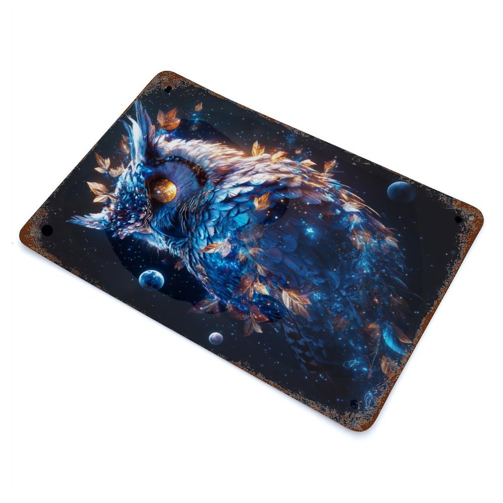 Cosmic Wonder Owl Rusty Metal Tin Sign 11.8"x7.9", Ideal for Shed, Workshop And Garage Wall Decor