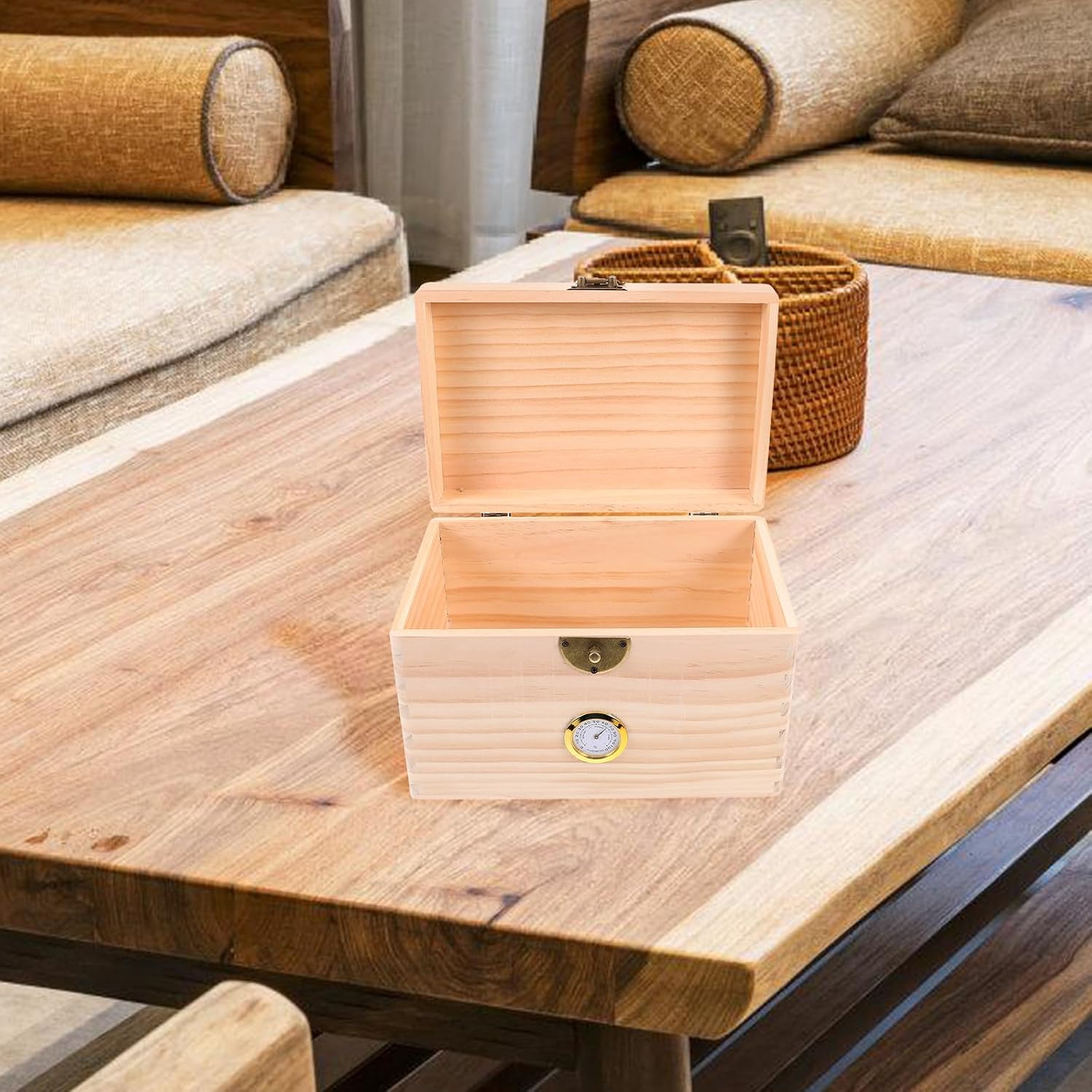 Wooden Tea Storage Box Organizer with Hygrometer Small Size Unpainted Wood Tea Holder Chest Kitchen Counter Organizer