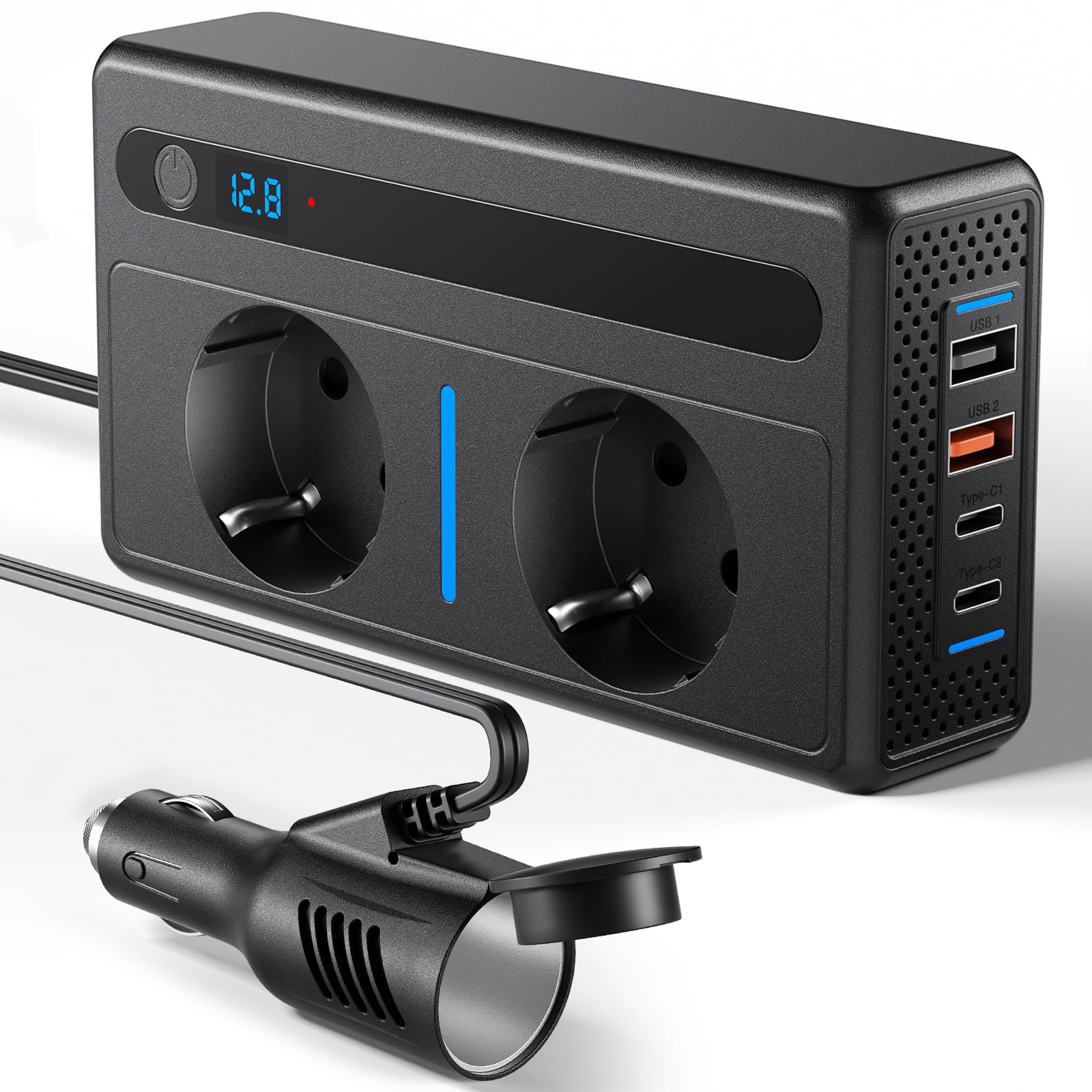 Auto Spannungswandler 300W, Wechselrichter DC 12V auf AC 230V Schnellladung Autoladegerät mit Zigarettenanzünderstecker 7-Port Ladegerät mit 2 Steckdosen 2 USB-Anschlüsse 2 Typ-C-Anschlüsse